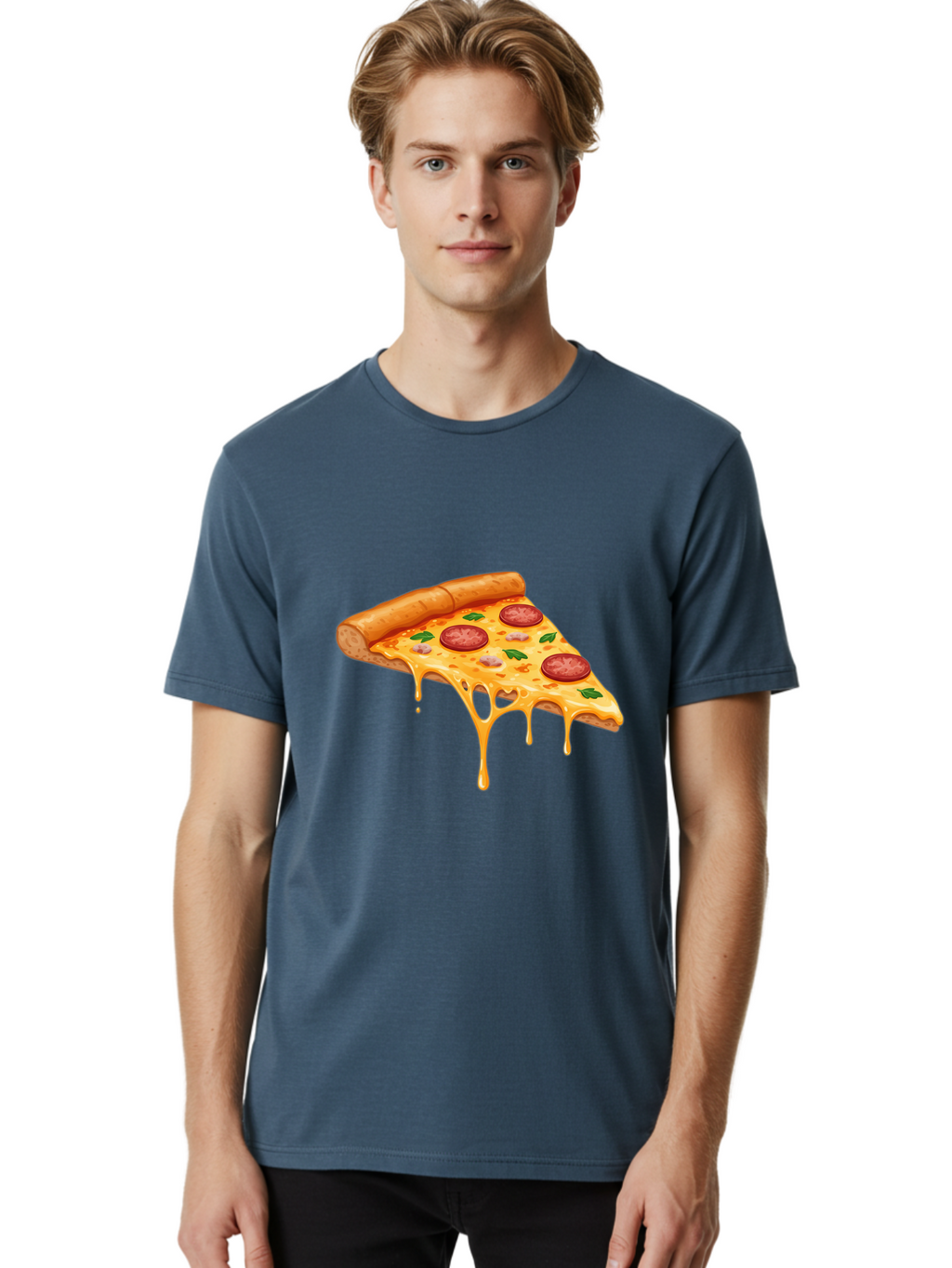 Pizza-Slice-19 Men'S Graphic Tee, 100% Cotton, Comfortable Casual Summer Wear, Machine Washable, Pepperoni Pizza Slice, Melted Cheese, Gooey Cheese, Pepperoni, Basil, Italian Food, Pizza Lover, Cheesy Goodness, Savory Delight, Foodie, Bac279