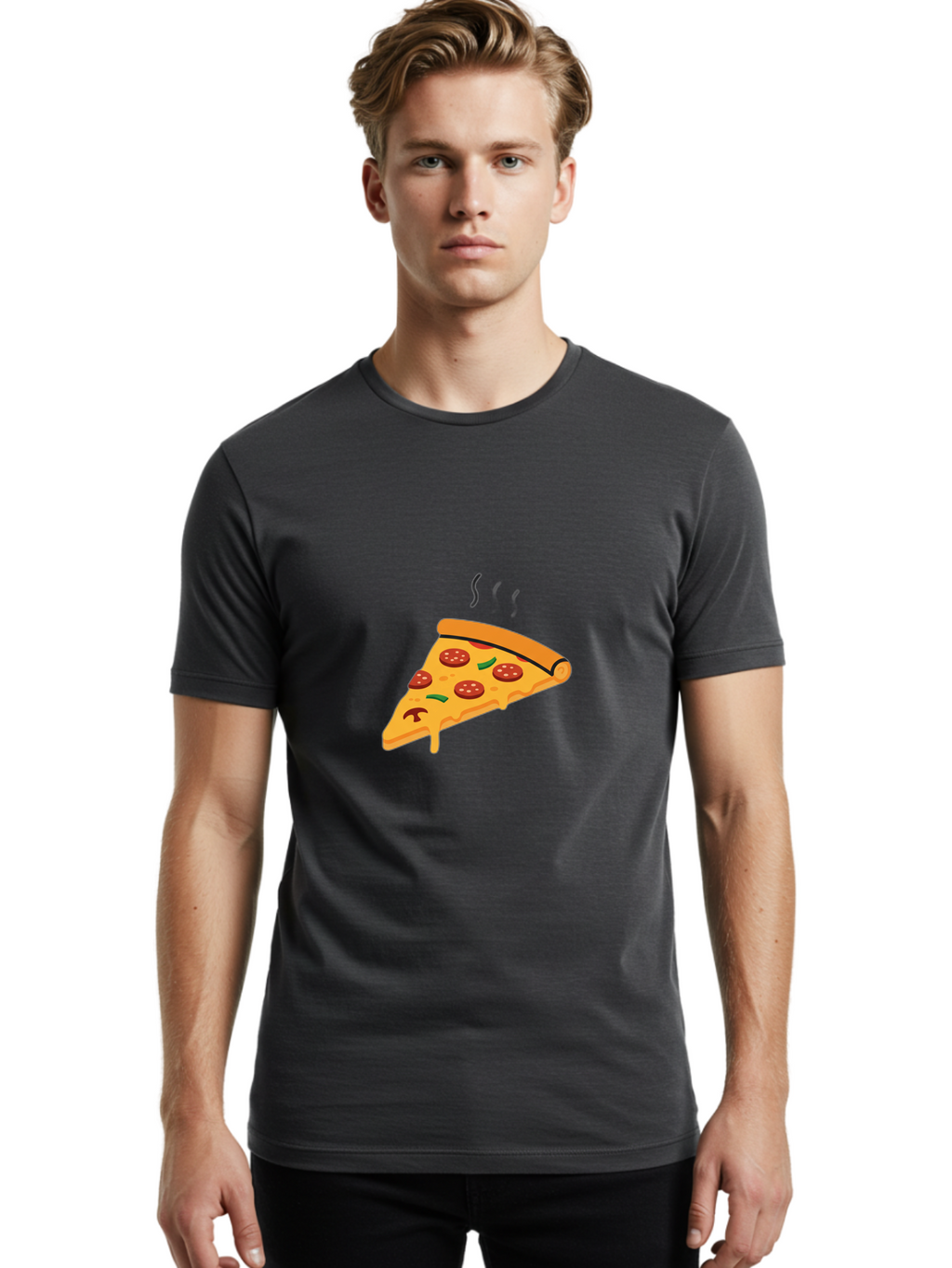 Pizza-Slice-21 Men'S Graphic Tee, 100% Cotton, Comfortable Casual Summer Wear, Machine Washable, Pepperoni Pizza Slice, Melted Cheese, Green Peppers, Hot Food, Cartoon Style, Savory Delight, Freshly Baked Pizza, Tasty Treat, Gooey Strings Bac282