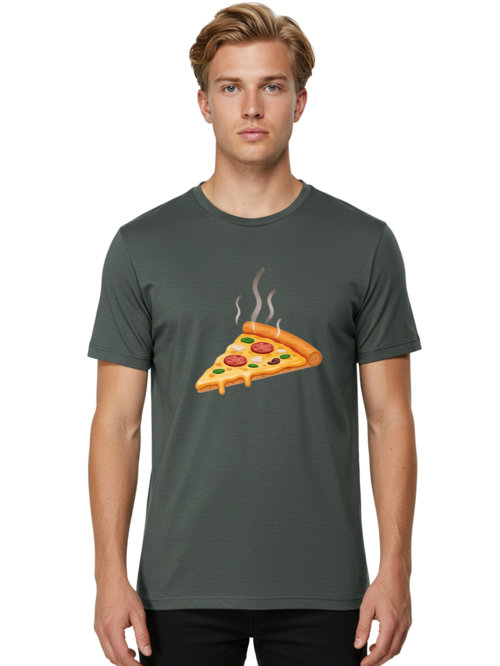 Pizza-Slice-25 Men'S Graphic Tee, 100% Cotton, Comfortable Casual Summer Wear, Machine Washable, Hot Pizza Slice, Melted Cheese, Pepperoni, Green Peppers, Olives, Italian Cuisine, Delicious Food, Savory Toppings, Foodie, Pizza Lovers Bac286