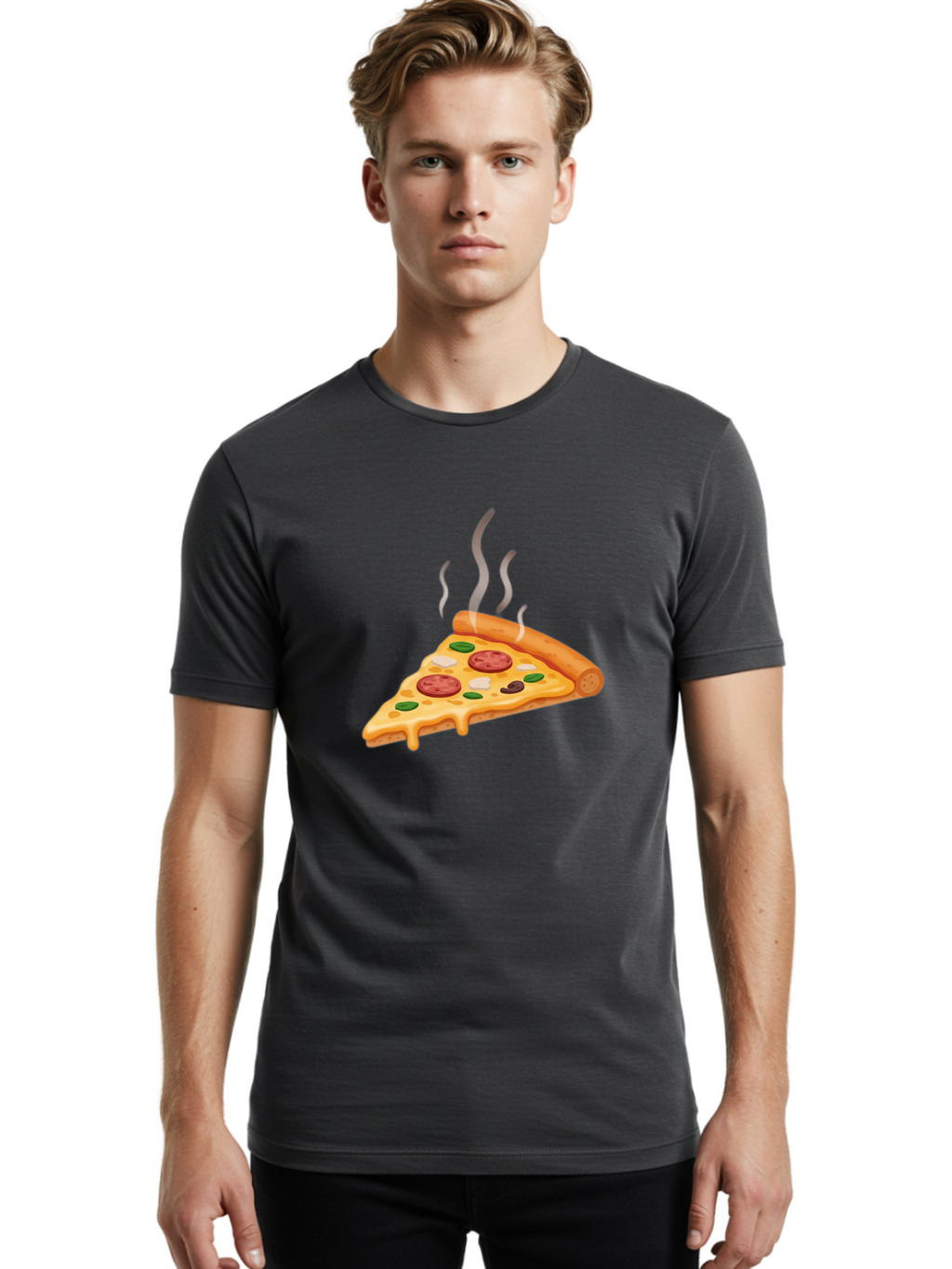 Pizza-Slice-25 Men'S Graphic Tee, 100% Cotton, Comfortable Casual Summer Wear, Machine Washable, Hot Pizza Slice, Melted Cheese, Pepperoni, Green Peppers, Olives, Italian Cuisine, Delicious Food, Savory Toppings, Foodie, Pizza Lovers Bac286