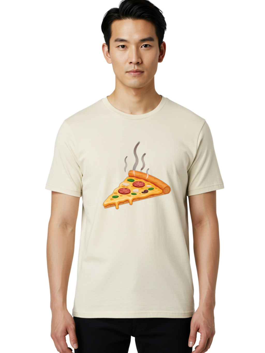 Pizza-Slice-25 Men'S Graphic Tee, 100% Cotton, Comfortable Casual Summer Wear, Machine Washable, Hot Pizza Slice, Melted Cheese, Pepperoni, Green Peppers, Olives, Italian Cuisine, Delicious Food, Savory Toppings, Foodie, Pizza Lovers Bac286
