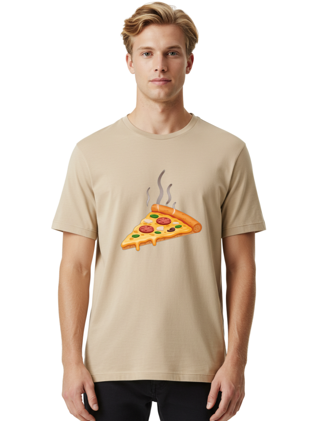 Pizza-Slice-25 Men'S Graphic Tee, 100% Cotton, Comfortable Casual Summer Wear, Machine Washable, Hot Pizza Slice, Melted Cheese, Pepperoni, Green Peppers, Olives, Italian Cuisine, Delicious Food, Savory Toppings, Foodie, Pizza Lovers Bac286
