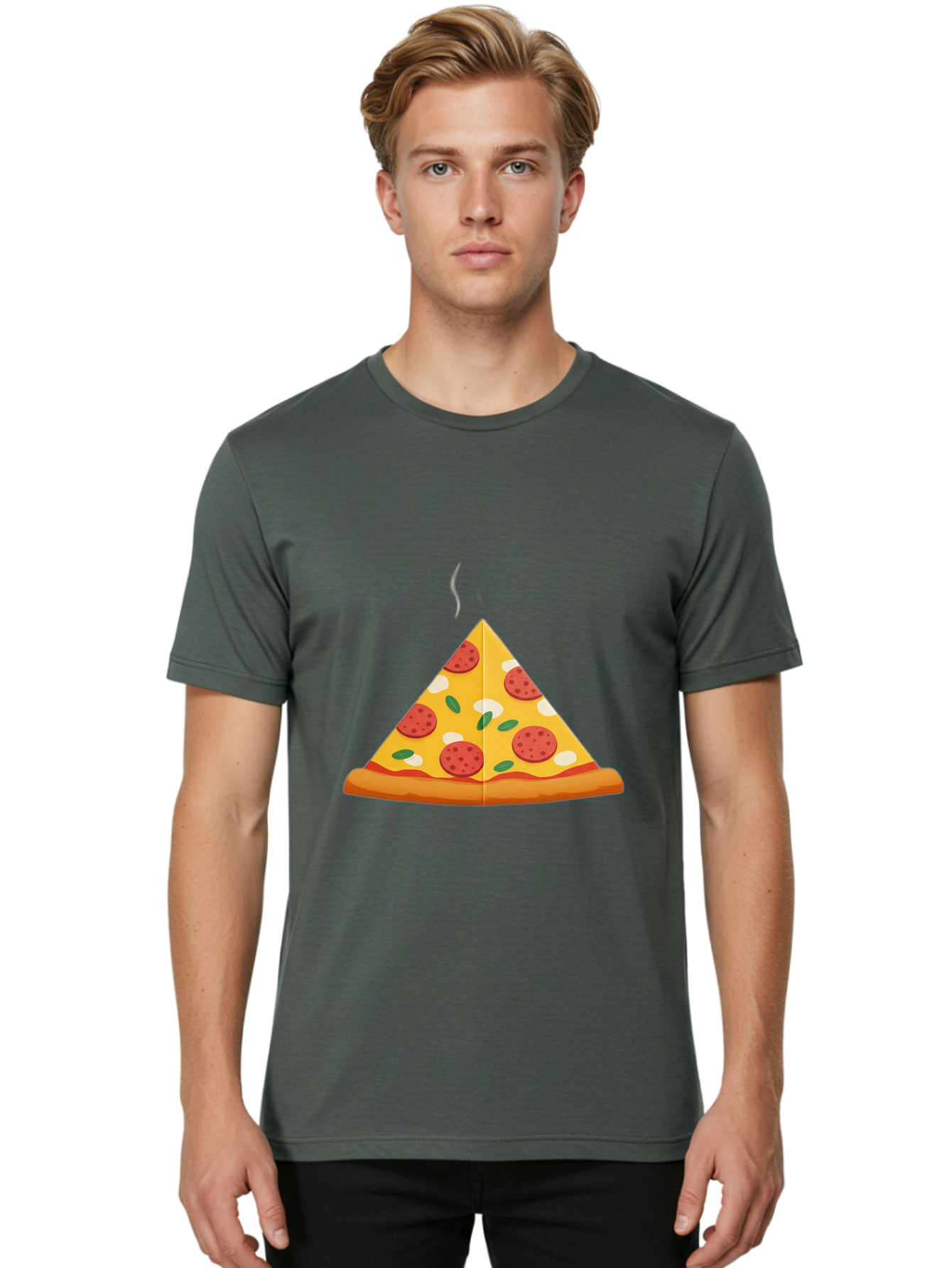 Pizza-Slice-27 Men'S Graphic Tee, 100% Cotton, Comfortable Casual Summer Wear, Machine Washable, Pepperoni Pizza Slice, Hot Pizza, Pepperoni, Mozzarella Cheese, Green Olives, Baked Pizza, Italian Food, Savory Treat, Cheesy Goodness, Bac288