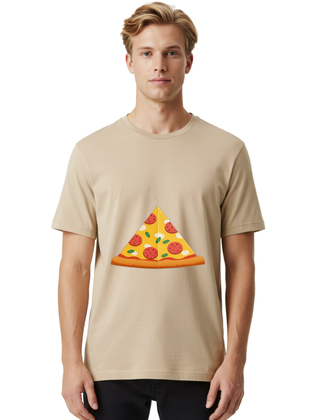Pizza-Slice-27 Men'S Graphic Tee, 100% Cotton, Comfortable Casual Summer Wear, Machine Washable, Pepperoni Pizza Slice, Hot Pizza, Pepperoni, Mozzarella Cheese, Green Olives, Baked Pizza, Italian Food, Savory Treat, Cheesy Goodness, Bac288