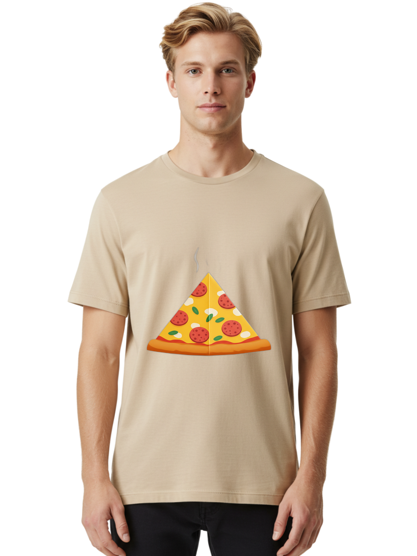 Pizza-Slice-27 Men'S Graphic Tee, 100% Cotton, Comfortable Casual Summer Wear, Machine Washable, Pepperoni Pizza Slice, Hot Pizza, Pepperoni, Mozzarella Cheese, Green Olives, Baked Pizza, Italian Food, Savory Treat, Cheesy Goodness, Bac288
