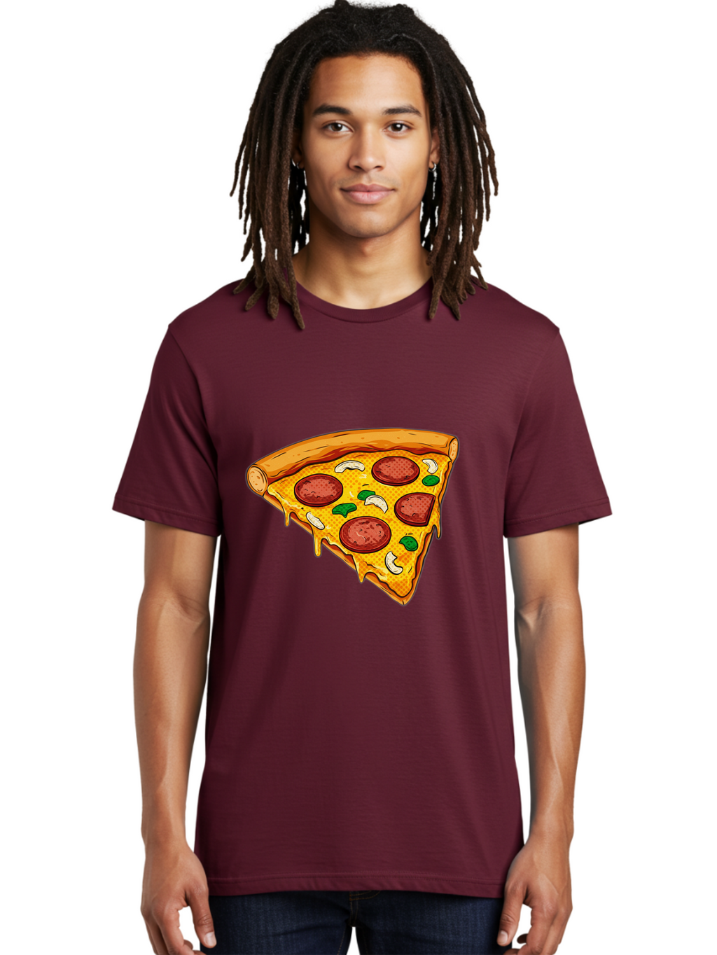 Pizza-Slice-28 Men'S Graphic Tee, 100% Cotton, Comfortable Casual Summer Wear, Machine Washable, Pepperoni Pizza, Melted Cheese, Green Peppers, Cashew Nuts, Italian Food, Cartoon Style, Food Illustration, Tasty Pizza, Savory Toppings, Bac289
