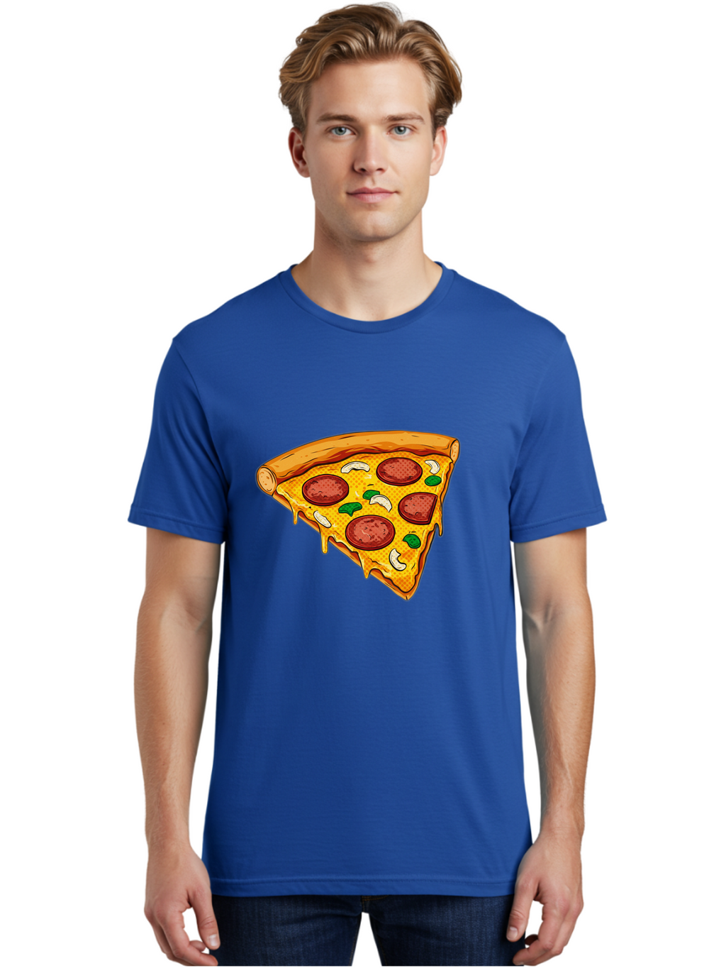 Pizza-Slice-28 Men'S Graphic Tee, 100% Cotton, Comfortable Casual Summer Wear, Machine Washable, Pepperoni Pizza, Melted Cheese, Green Peppers, Cashew Nuts, Italian Food, Cartoon Style, Food Illustration, Tasty Pizza, Savory Toppings, Bac289