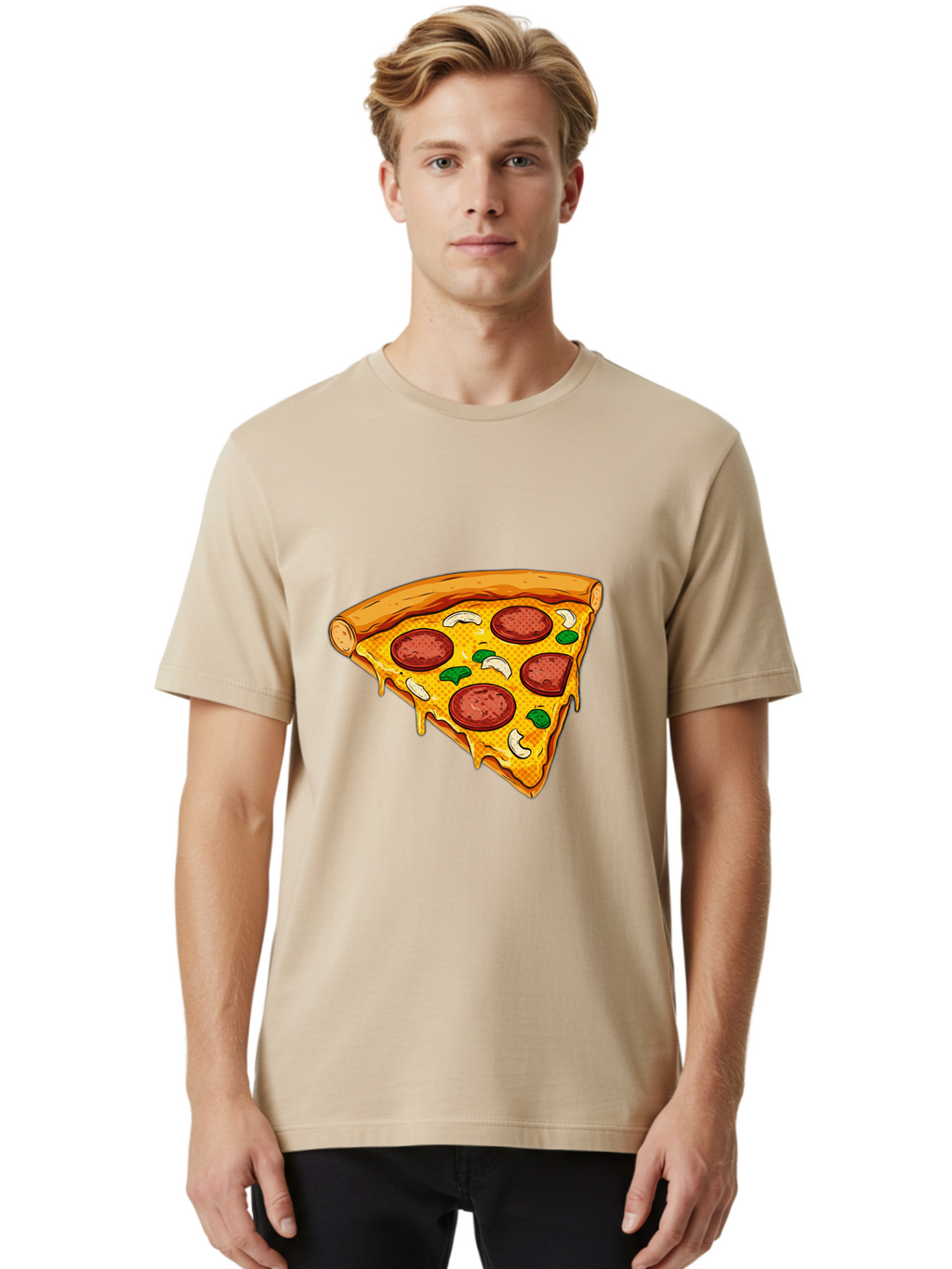 Pizza-Slice-28 Men'S Graphic Tee, 100% Cotton, Comfortable Casual Summer Wear, Machine Washable, Pepperoni Pizza, Melted Cheese, Green Peppers, Cashew Nuts, Italian Food, Cartoon Style, Food Illustration, Tasty Pizza, Savory Toppings, Bac289
