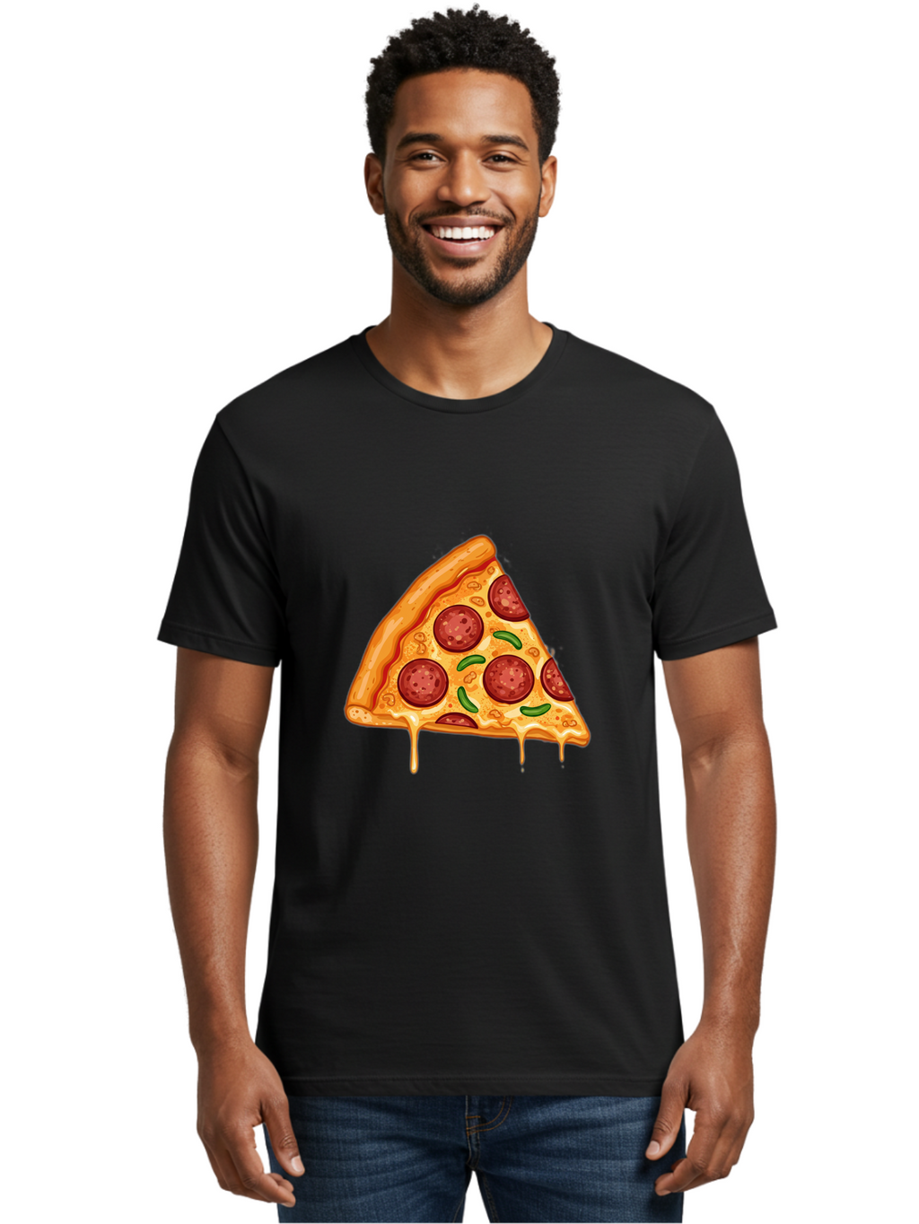 Pizza-Slice-32 Men'S Graphic Tee, 100% Cotton, Comfortable Casual Summer Wear, Machine Washable, Pepperoni Pizza Slice, Cheesy Goodness, Melted Cheese, Pepperoni Toppings, Jalapeno Slices, Italian Cuisine, Delicious Food, Savory Flavors, Bac294