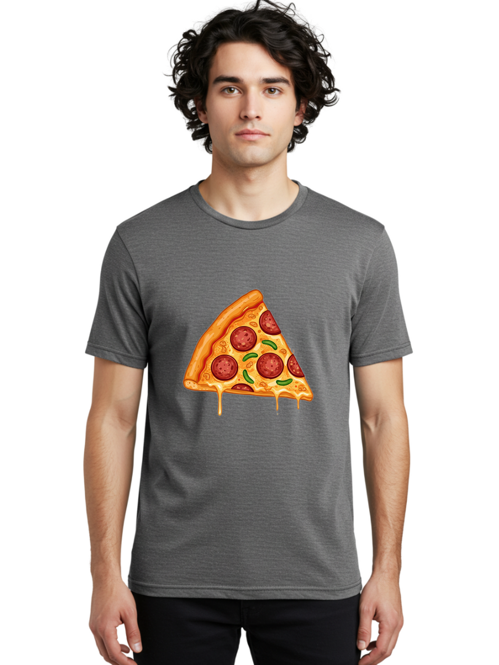 Pizza-Slice-32 Men'S Graphic Tee, 100% Cotton, Comfortable Casual Summer Wear, Machine Washable, Pepperoni Pizza Slice, Cheesy Goodness, Melted Cheese, Pepperoni Toppings, Jalapeno Slices, Italian Cuisine, Delicious Food, Savory Flavors, Bac294