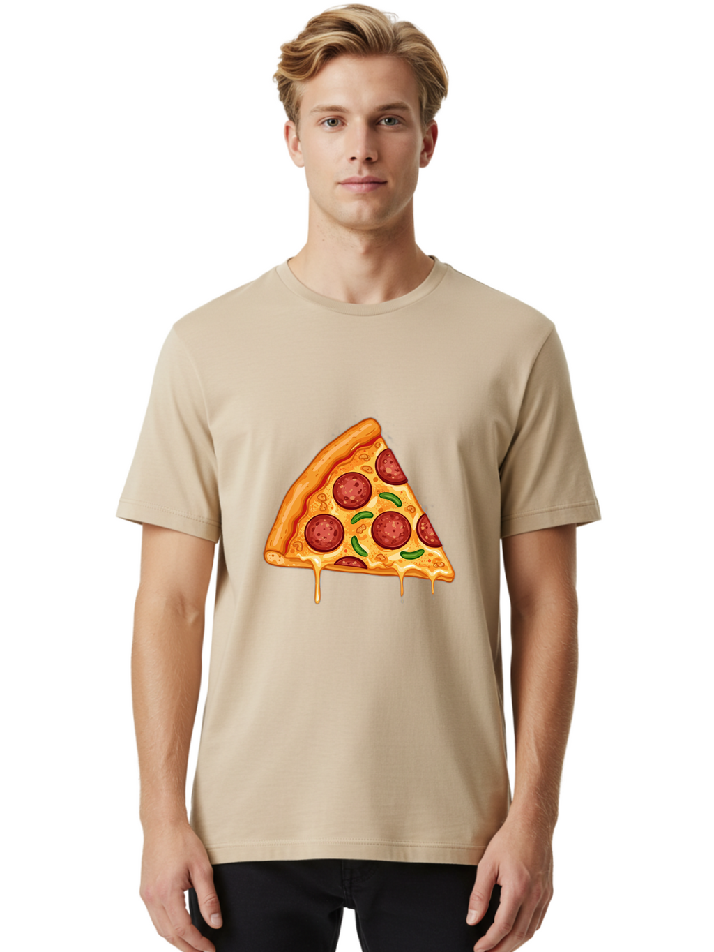 Pizza-Slice-32 Men'S Graphic Tee, 100% Cotton, Comfortable Casual Summer Wear, Machine Washable, Pepperoni Pizza Slice, Cheesy Goodness, Melted Cheese, Pepperoni Toppings, Jalapeno Slices, Italian Cuisine, Delicious Food, Savory Flavors, Bac294