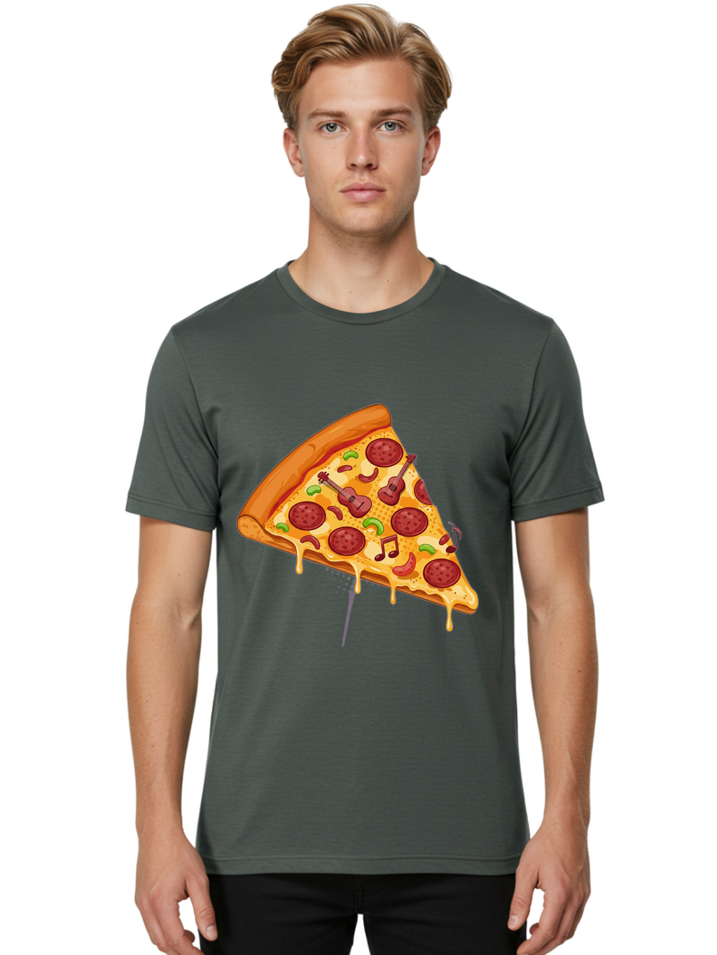 Pizza-Slice-33 Men'S Graphic Tee, 100% Cotton, Comfortable Casual Summer Wear, Machine Washable, Pizza Slice, Pepperoni Pizza, Cheese Pizza, Guitar Toppings, Music Notes, Cartoon Style, Playful Food, Whimsical Design, Cheesy Goodness, Bac295
