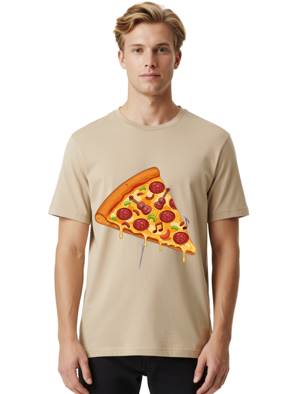 Pizza-Slice-33 Men'S Graphic Tee, 100% Cotton, Comfortable Casual Summer Wear, Machine Washable, Pizza Slice, Pepperoni Pizza, Cheese Pizza, Guitar Toppings, Music Notes, Cartoon Style, Playful Food, Whimsical Design, Cheesy Goodness, Bac295