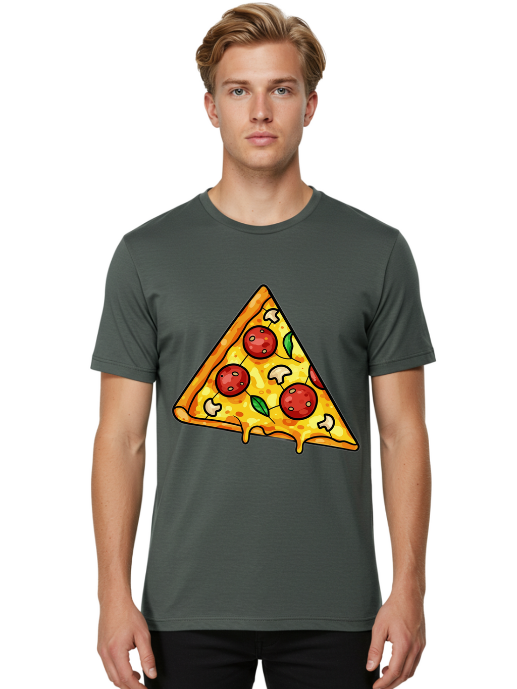 Pizza-Slice-34 Men'S Graphic Tee, 100% Cotton, Comfortable Casual Summer Wear, Machine Washable, Tasty Pizza, Melted Cheese, Pepperoni Pizza, Mushrooms, Basil, Cheesy Goodness, Savory Delight, Italian Cuisine, Foodie Favorite, Pizza Love Bac296