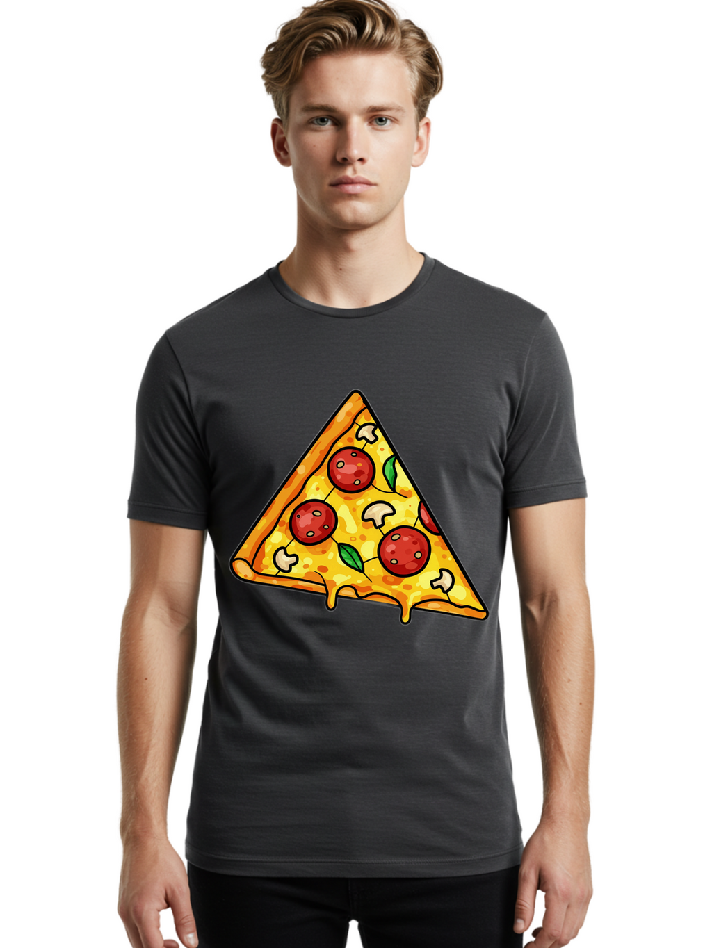 Pizza-Slice-34 Men'S Graphic Tee, 100% Cotton, Comfortable Casual Summer Wear, Machine Washable, Tasty Pizza, Melted Cheese, Pepperoni Pizza, Mushrooms, Basil, Cheesy Goodness, Savory Delight, Italian Cuisine, Foodie Favorite, Pizza Love Bac296