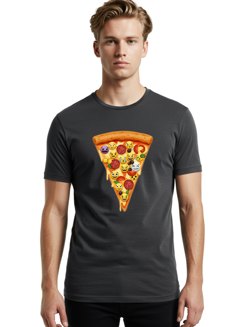 Pizza-Slice-35 Men'S Graphic Tee, 100% Cotton, Comfortable Casual Summer Wear, Machine Washable, Pizza Slice, Emoji Toppings, Pepperoni, Black Olives, Melted Cheese, Funny Emojis, Cartoon Pizza, Tasty Pizza, Foodie Fun, Pizza Love, Bac297