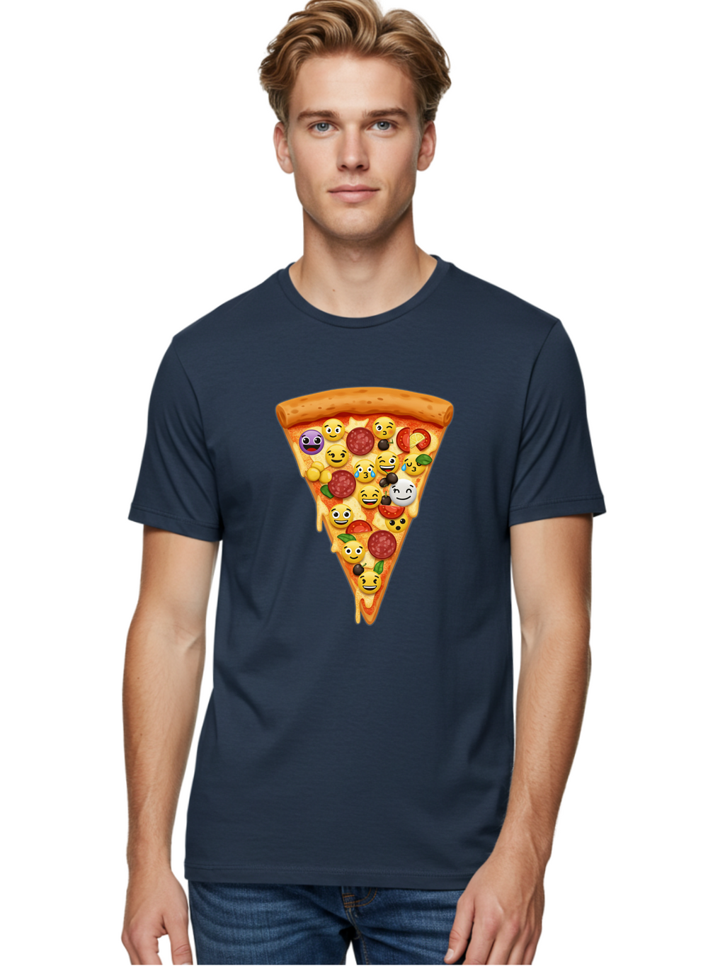 Pizza-Slice-35 Men'S Graphic Tee, 100% Cotton, Comfortable Casual Summer Wear, Machine Washable, Pizza Slice, Emoji Toppings, Pepperoni, Black Olives, Melted Cheese, Funny Emojis, Cartoon Pizza, Tasty Pizza, Foodie Fun, Pizza Love, Bac297