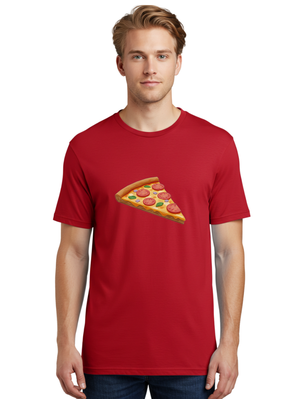 Pizza-Slice-4 Men'S Graphic Tee, 100% Cotton, Comfortable Casual Summer Wear, Machine Washable, Pizza Slice, Tomato Slices, Basil Leaves, Garlic, Melted Cheese, Crispy Crust, Italian Cuisine, Delicious Food, Savory Flavors Bac298
