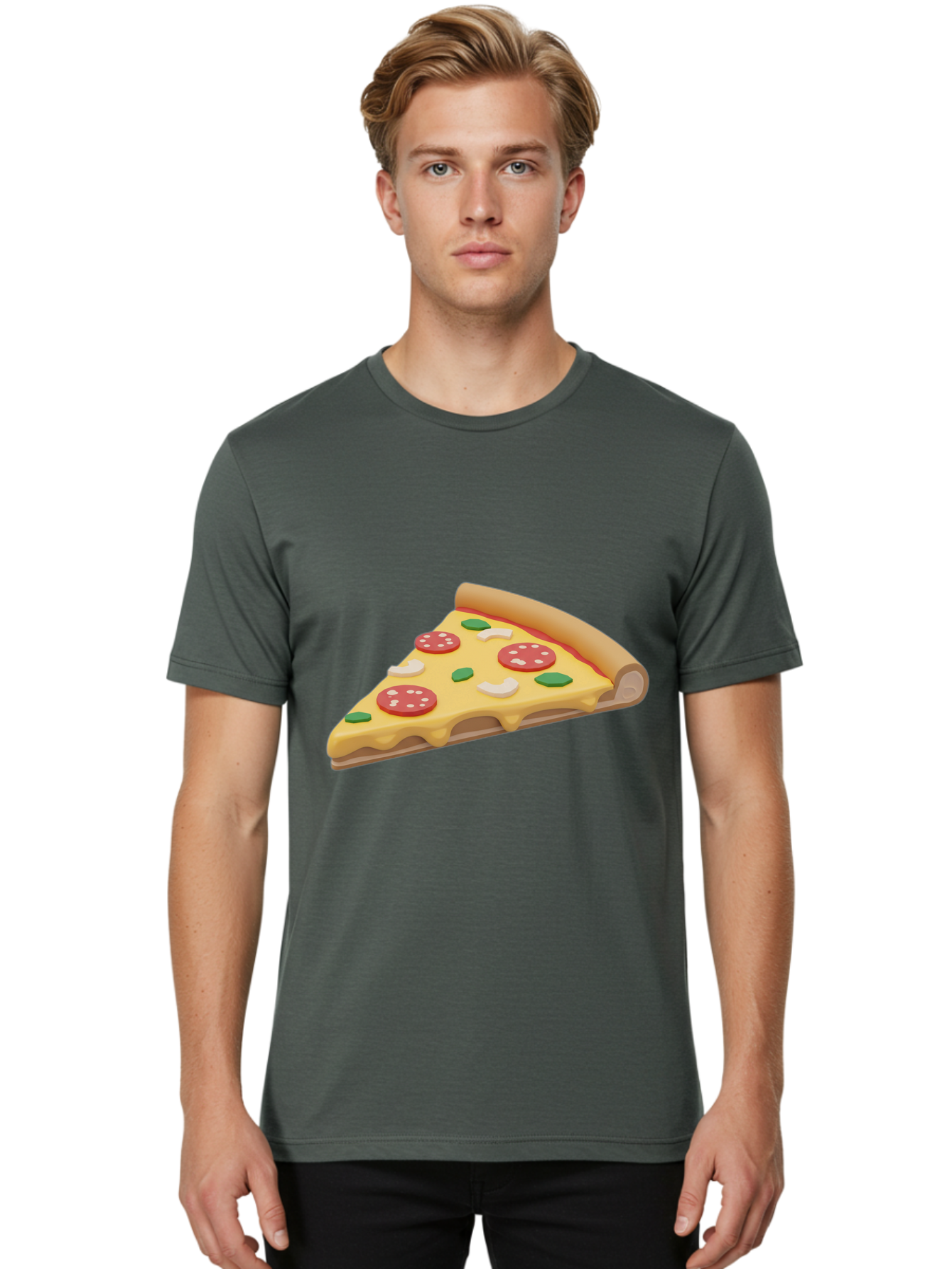 Pizza-Slice-5 Men'S Graphic Tee, 100% Cotton, Comfortable Casual Summer Wear, Machine Washable, Pizza Slice, Pepperoni Pizza, Melted Cheese, Green Peppers, White Onions, Italian Food, Dinner Ideas, Food Graphics, 3D Illustration, Pizza Topping Bac299