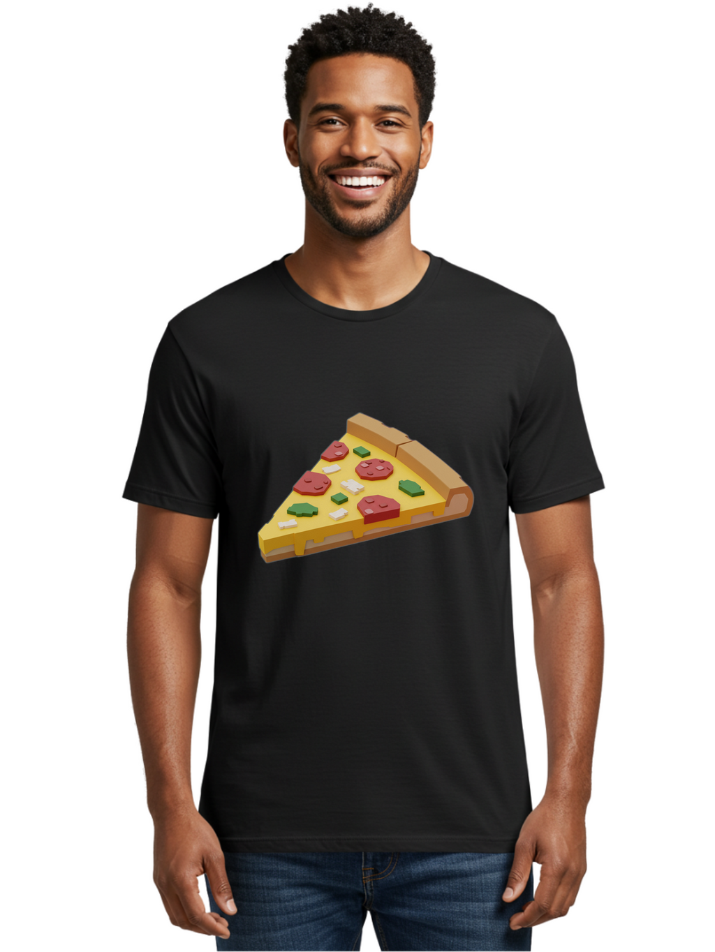 Pizza-Slice-7 Men'S Graphic Tee, 100% Cotton, Comfortable Casual Summer Wear, Machine Washable, 3D Pizza Slice, Cartoon-Style, Pepperoni, Green Peppers, Cheese, Crispy Crust, Tasty Toppings, Digital Art Bac301
