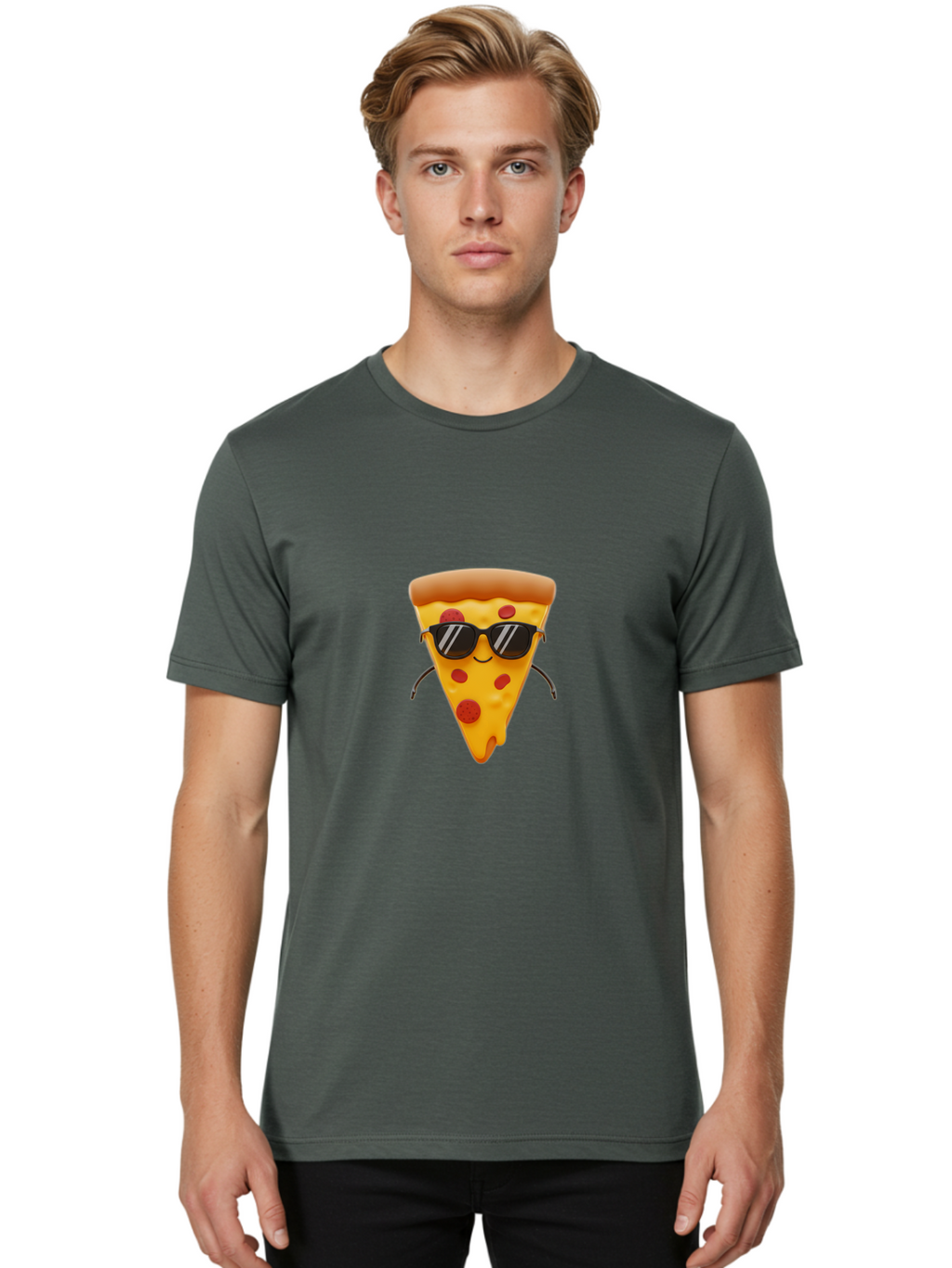 Pizza-Slice-9 Men'S Graphic Tee, 100% Cotton, Comfortable Casual Summer Wear, Machine Washable, Pizza Slice With Sunglasses, Cartoon Character, Funny Food, Pepperoni Pizza, Smiling Face, Cool Accessories, Tasty Treat, Animated Illustration Bac303