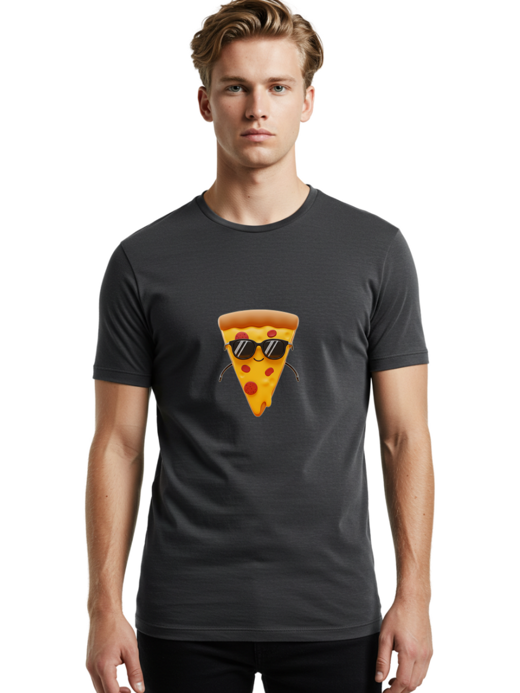 Pizza-Slice-9 Men'S Graphic Tee, 100% Cotton, Comfortable Casual Summer Wear, Machine Washable, Pizza Slice With Sunglasses, Cartoon Character, Funny Food, Pepperoni Pizza, Smiling Face, Cool Accessories, Tasty Treat, Animated Illustration Bac303