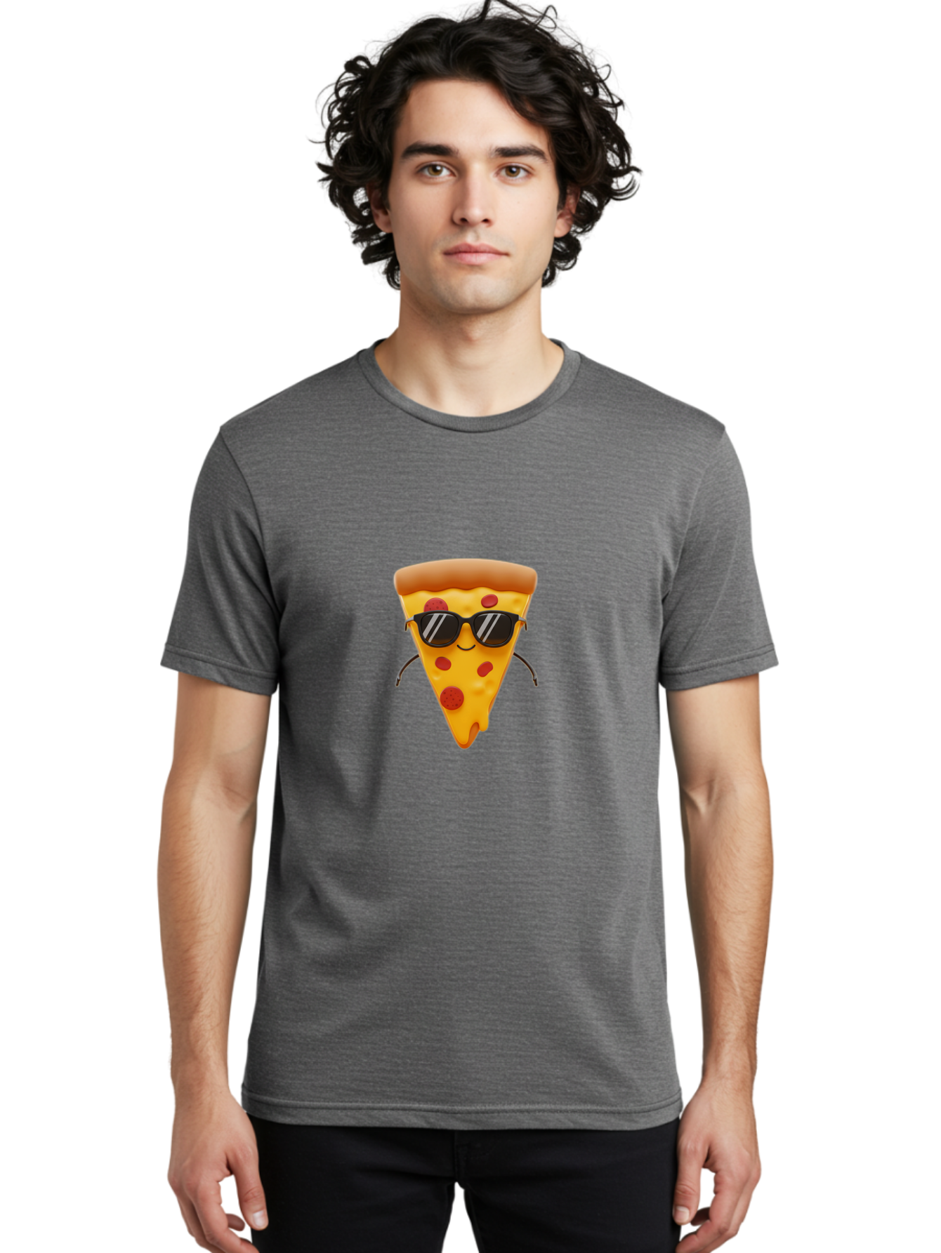 Pizza-Slice-9 Men'S Graphic Tee, 100% Cotton, Comfortable Casual Summer Wear, Machine Washable, Pizza Slice With Sunglasses, Cartoon Character, Funny Food, Pepperoni Pizza, Smiling Face, Cool Accessories, Tasty Treat, Animated Illustration Bac303