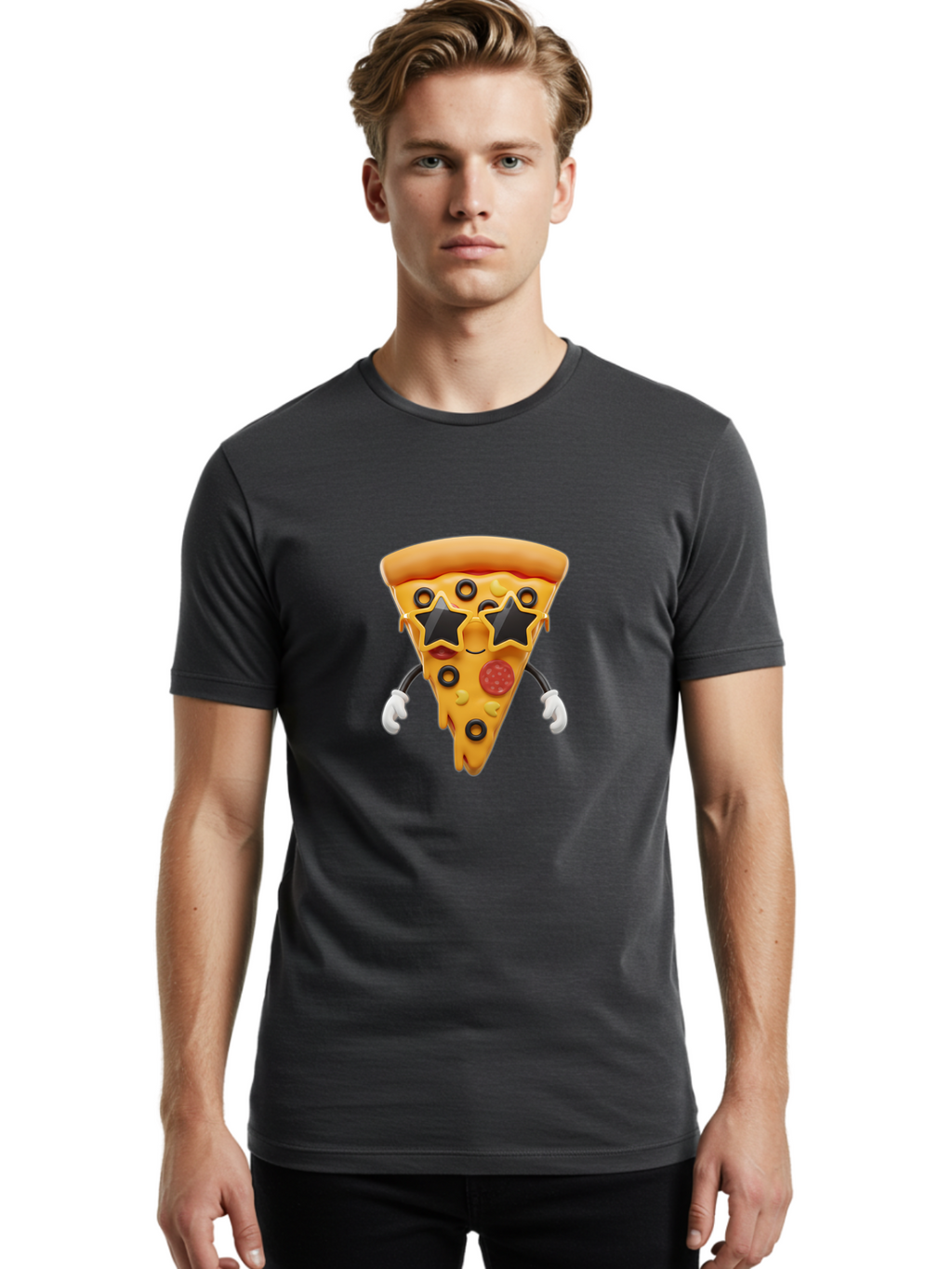Pizza-Slice-Character Men'S Graphic Tee, 100% Cotton, Comfortable Casual Summer Wear, Machine Washable, Cartoon Pizza Slice, Pepperoni Pizza, Black Olives, Yellow Cheese, Star-Shaped Sunglasses, Cute Food, Funny Character, Cartoon Character, Bac305