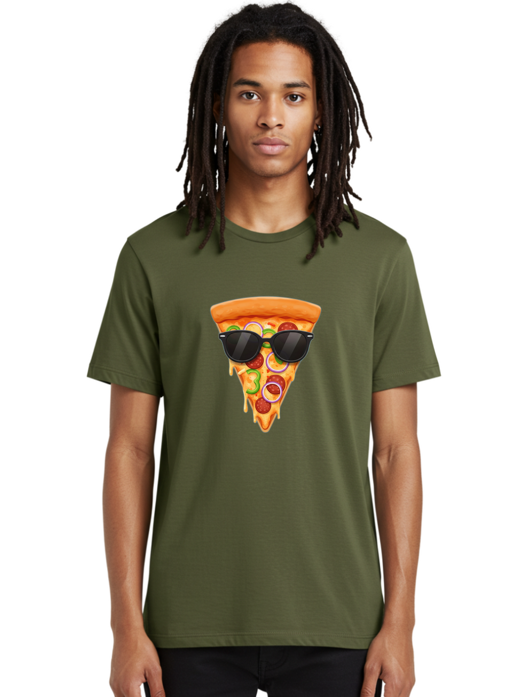 Pizza-Slice-Sunglasses-1 Men'S Graphic Tee, 100% Cotton, Comfortable Casual Summer Wear, Machine Washable, Pepperoni Pizza Slice, Cheesy Goodness, Melted Cheese, Jalapeno And Onion, Trendy Accessories, Sunglasses, Cool Pizza, Cartoon Pizza, Bac306