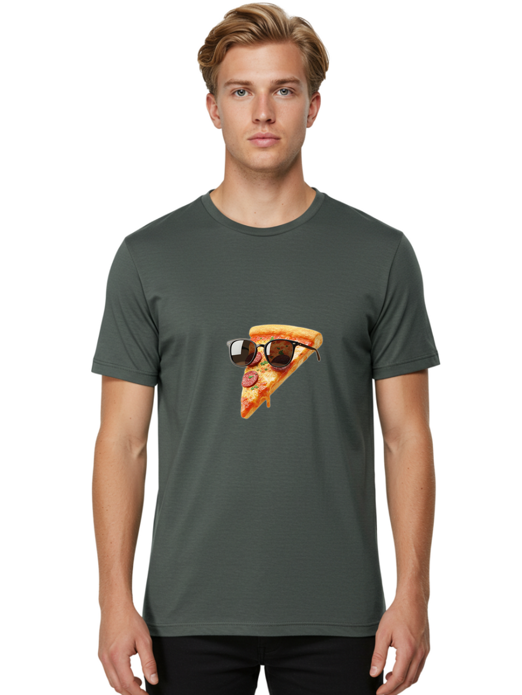 Pizza-Slice-Sunglasses-2 Men'S Graphic Tee, 100% Cotton, Comfortable Casual Summer Wear, Machine Washable, Pizza Slice Wearing Sunglasses, Funny Food, Quirky Humor, Cool Pizza, Sunglasses On Food, Comical Image, Playful Graphics, Bac307