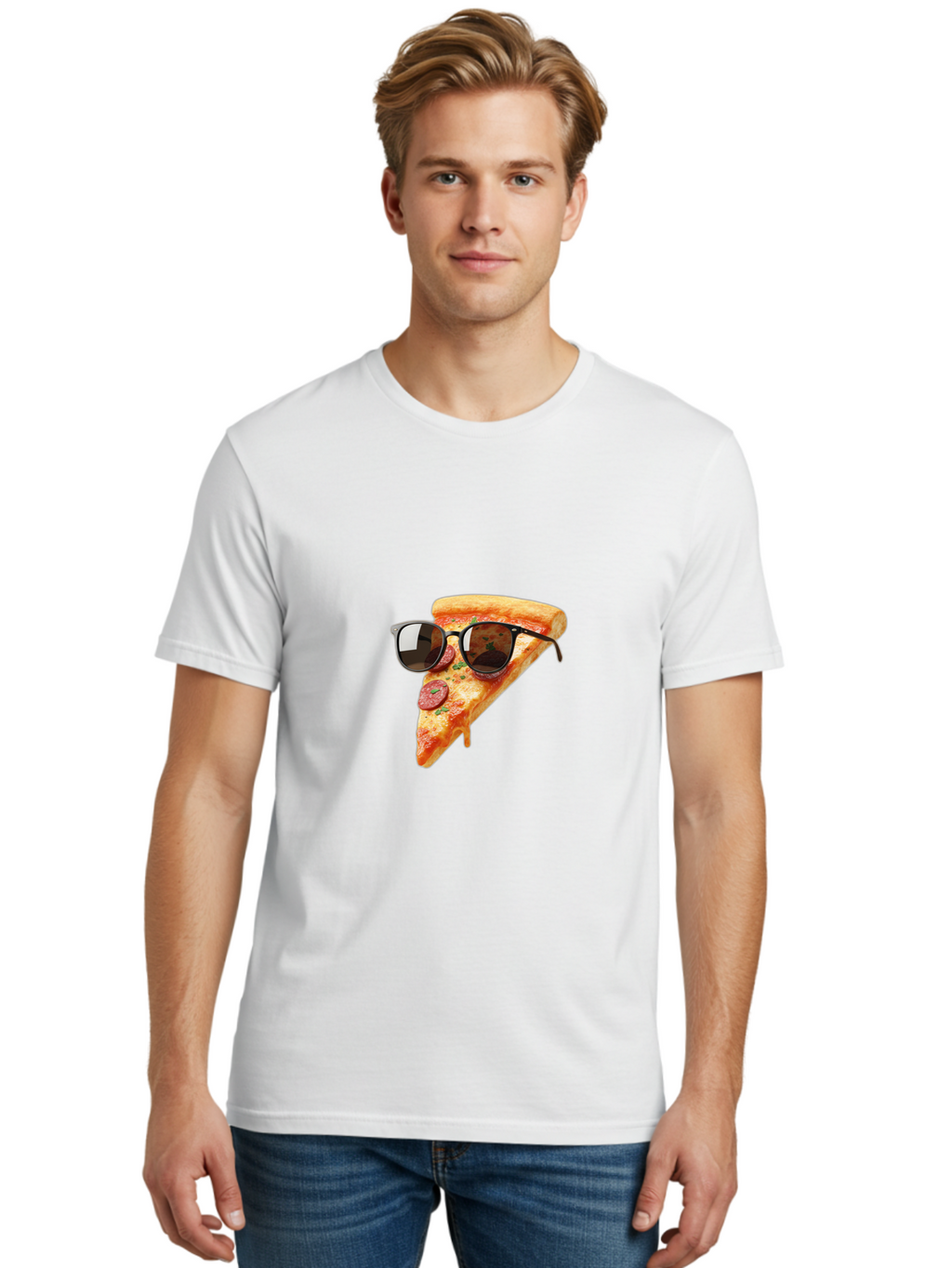 Pizza-Slice-Sunglasses-2 Men'S Graphic Tee, 100% Cotton, Comfortable Casual Summer Wear, Machine Washable, Pizza Slice Wearing Sunglasses, Funny Food, Quirky Humor, Cool Pizza, Sunglasses On Food, Comical Image, Playful Graphics, Bac307