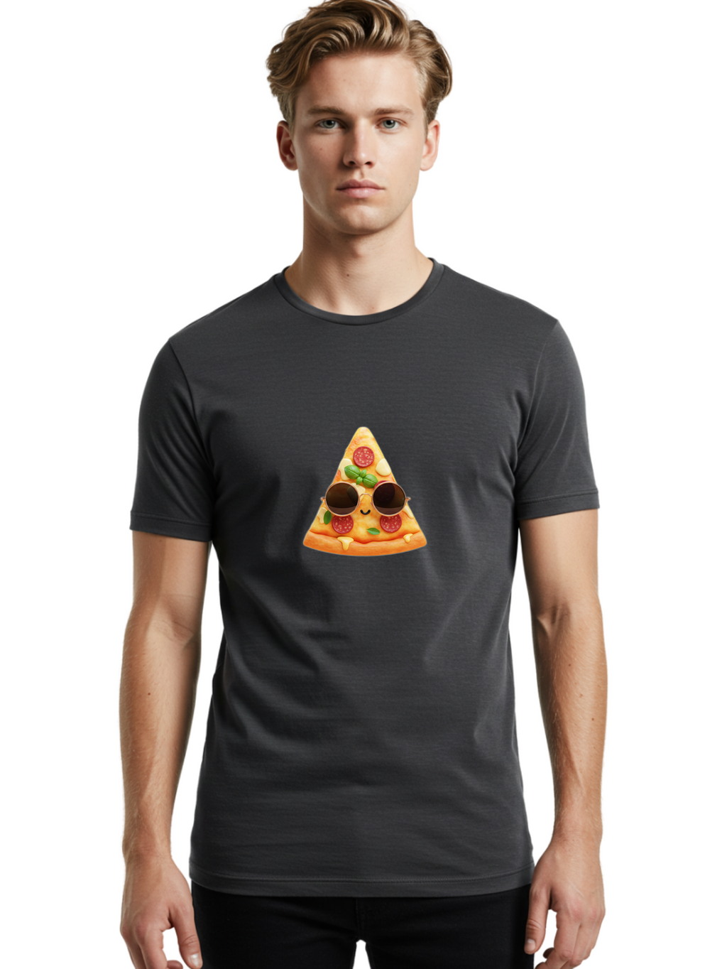 Pizza-Slice-Sunglasses-Emoji Men'S Graphic Tee, 100% Cotton, Comfortable Casual Summer Wear, Machine Washable, Funny Pizza Slice, Cool Sunglasses, Pepperoni Pizza, Cheese Pizza, Happy Face, Cartoon Character, Humorous Graphic, Cheesy Goodness, Bac309