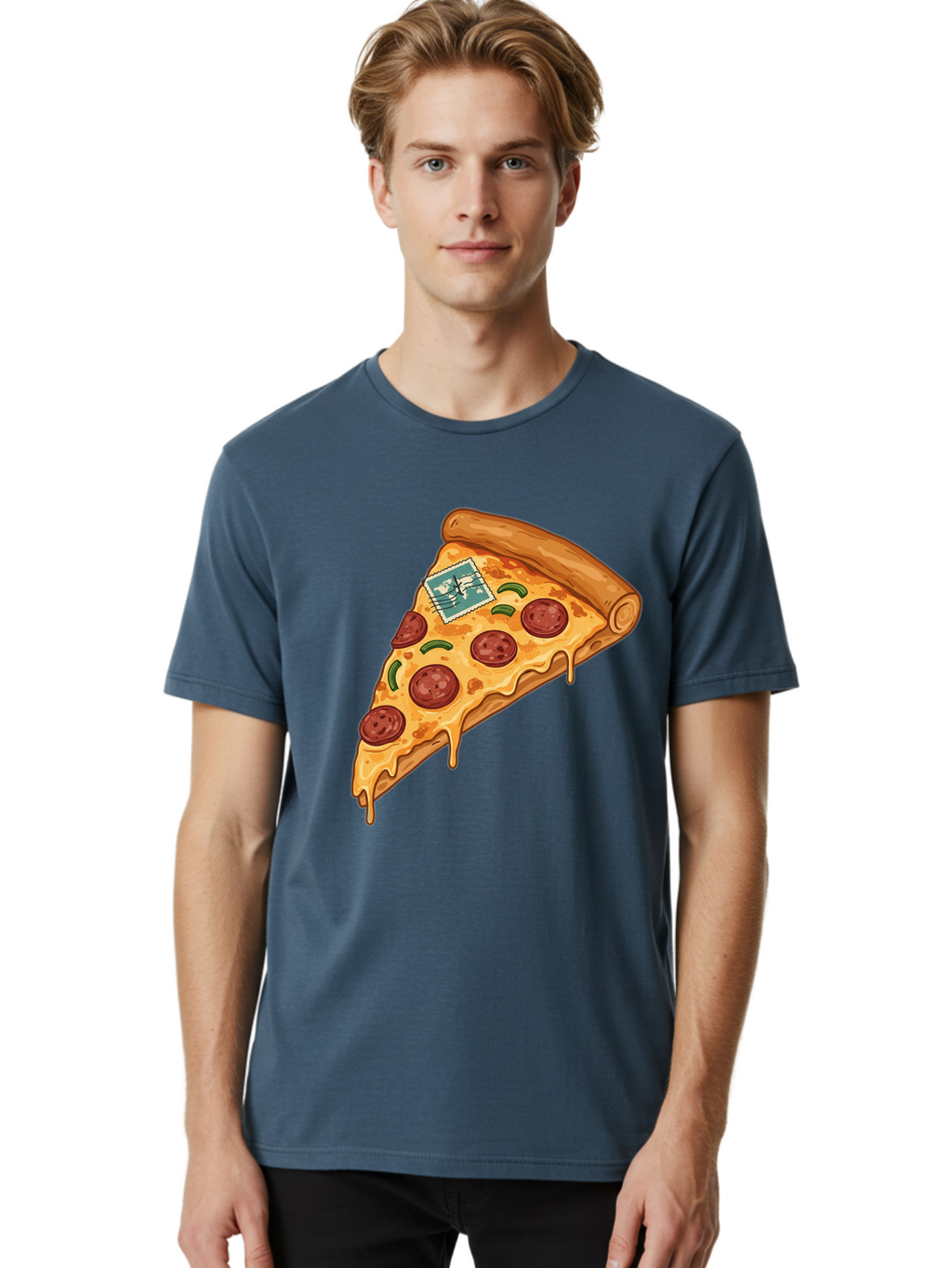 Pizza-Slice-With-Stamp Men'S Graphic Tee, 100% Cotton, Comfortable Casual Summer Wear, Machine Washable, Pizza Slice, Pepperoni Pizza, Cheese Pizza, Melted Cheese, Postage Stamp, Cartoon Food, Illustration, Tasty Food, Savory Dish, Bac311