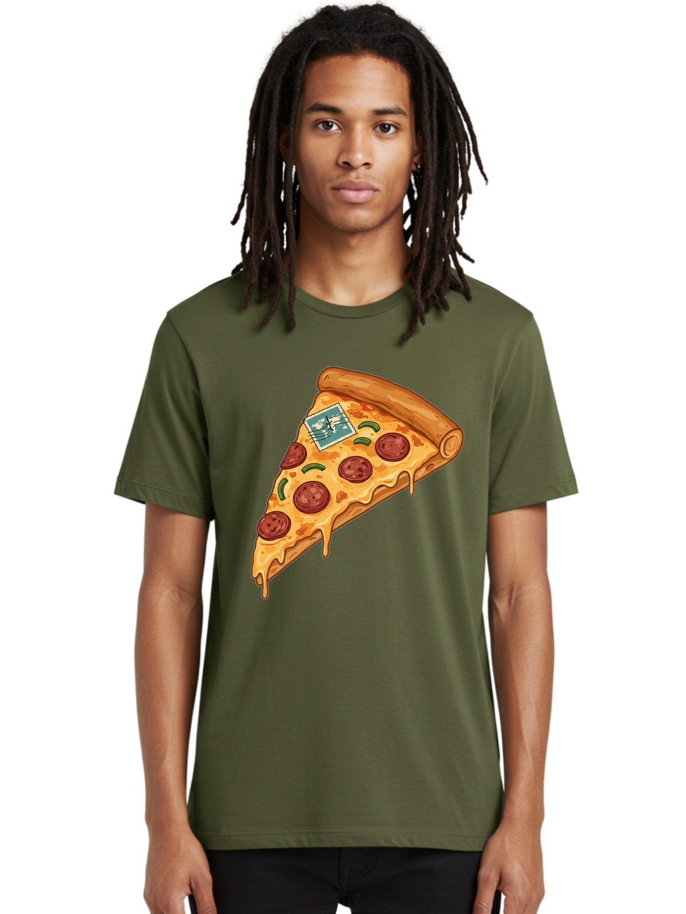 Pizza-Slice-With-Stamp Men'S Graphic Tee, 100% Cotton, Comfortable Casual Summer Wear, Machine Washable, Pizza Slice, Pepperoni Pizza, Cheese Pizza, Melted Cheese, Postage Stamp, Cartoon Food, Illustration, Tasty Food, Savory Dish, Bac311