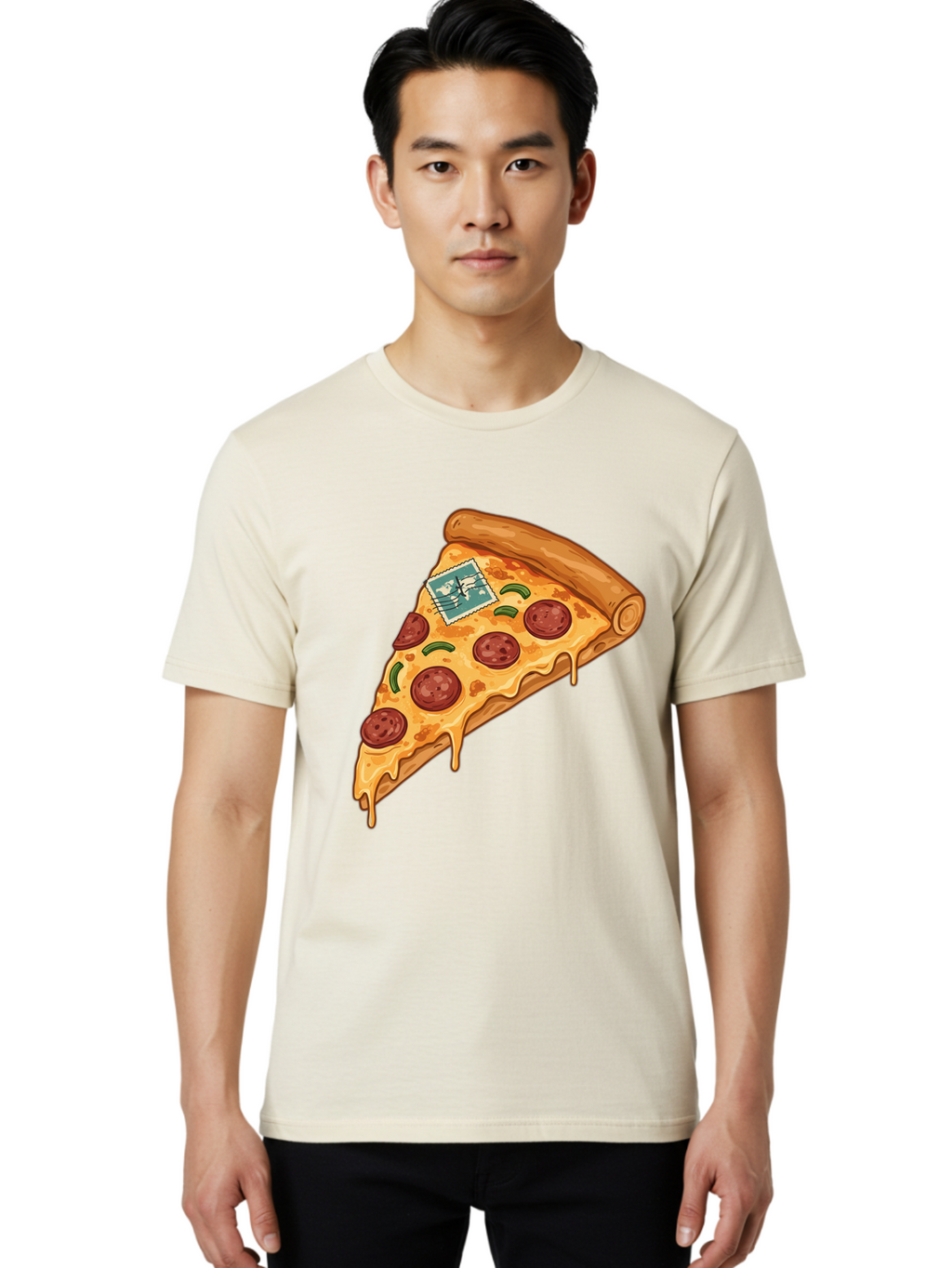 Pizza-Slice-With-Stamp Men'S Graphic Tee, 100% Cotton, Comfortable Casual Summer Wear, Machine Washable, Pizza Slice, Pepperoni Pizza, Cheese Pizza, Melted Cheese, Postage Stamp, Cartoon Food, Illustration, Tasty Food, Savory Dish, Bac311