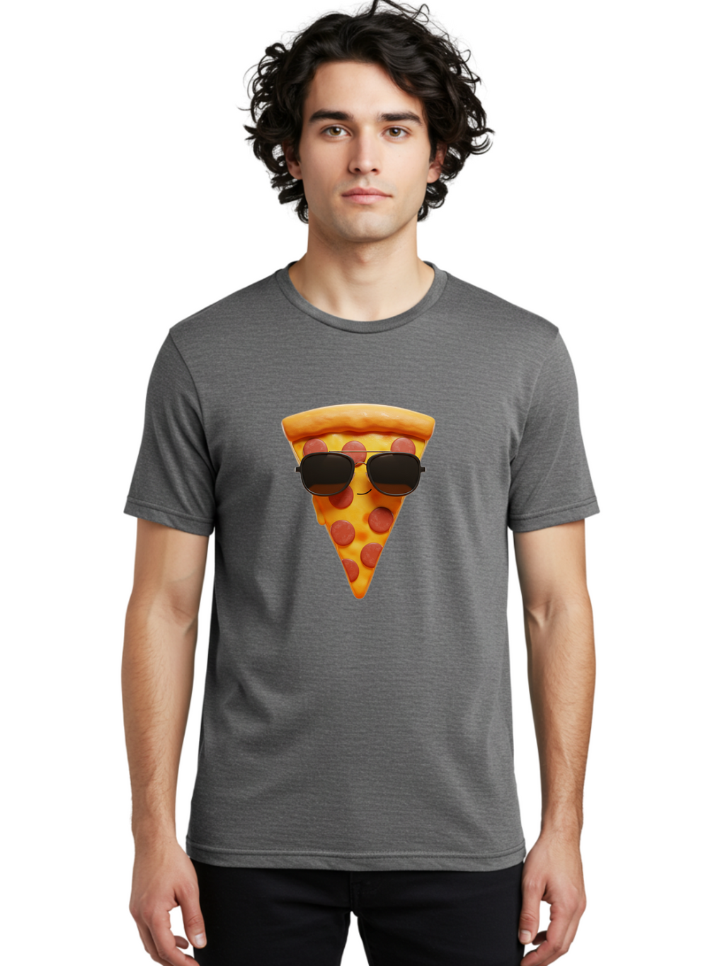 Pizza-Slice-With-Sunglasses-1 Men'S Graphic Tee, 100% Cotton, Comfortable Casual Summer Wear, Machine Washable, Pepperoni Pizza Slice, Cool Pizza, Sunglasses, Smiley Face, Cartoon Character, Funny Food, Playful Illustration, Casual Dining, Bac312