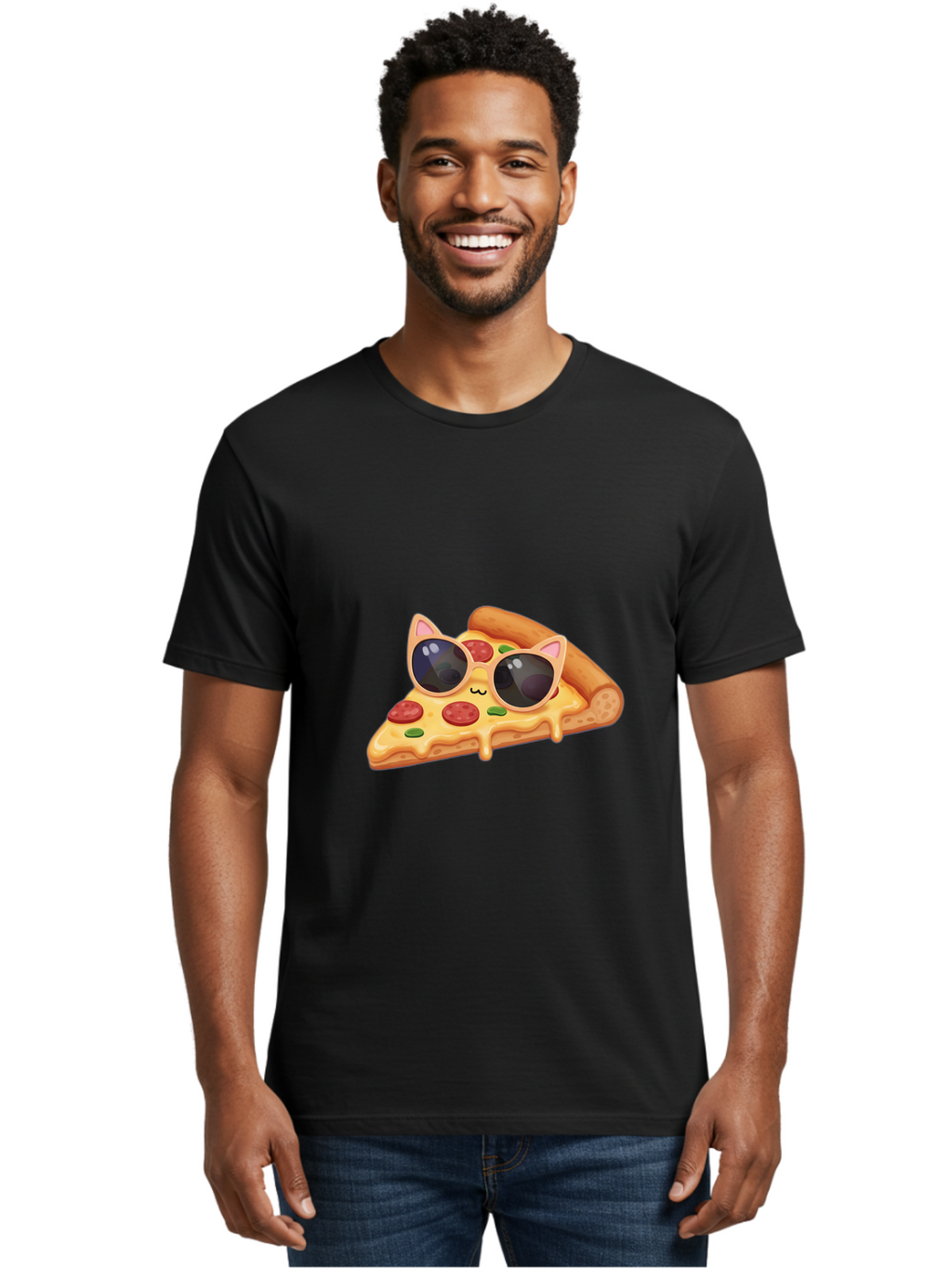 Pizza-Slice-With-Sunglasses-2 Men'S Graphic Tee, 100% Cotton, Comfortable Casual Summer Wear, Machine Washable, Pizza Slice Character, Cat Ears, Sunglasses, Pepperoni Pizza, Cheese Melting, Cartoon Style, Fun Design, Kawaii Art Bac313