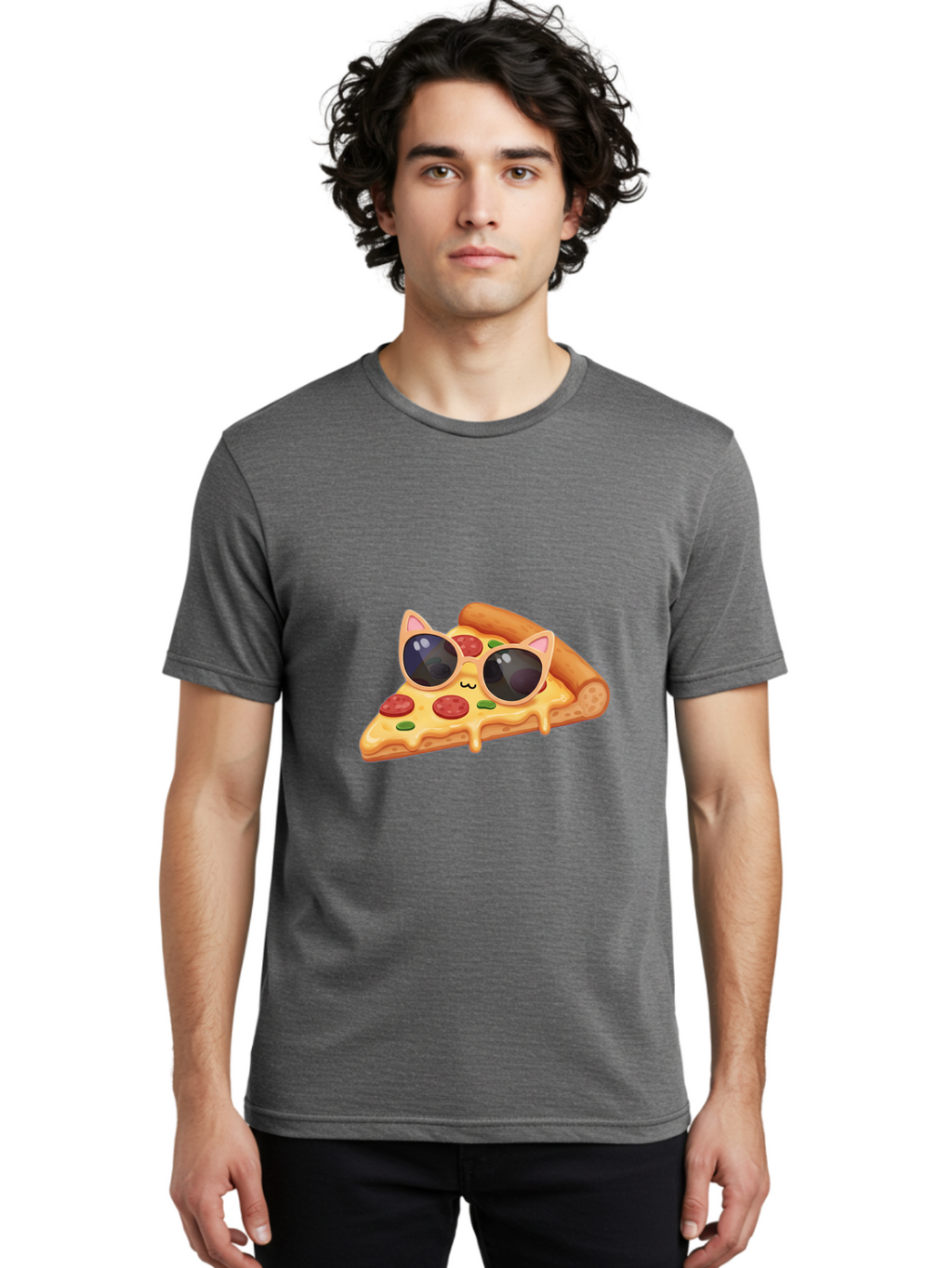 Pizza-Slice-With-Sunglasses-2 Men'S Graphic Tee, 100% Cotton, Comfortable Casual Summer Wear, Machine Washable, Pizza Slice Character, Cat Ears, Sunglasses, Pepperoni Pizza, Cheese Melting, Cartoon Style, Fun Design, Kawaii Art Bac313