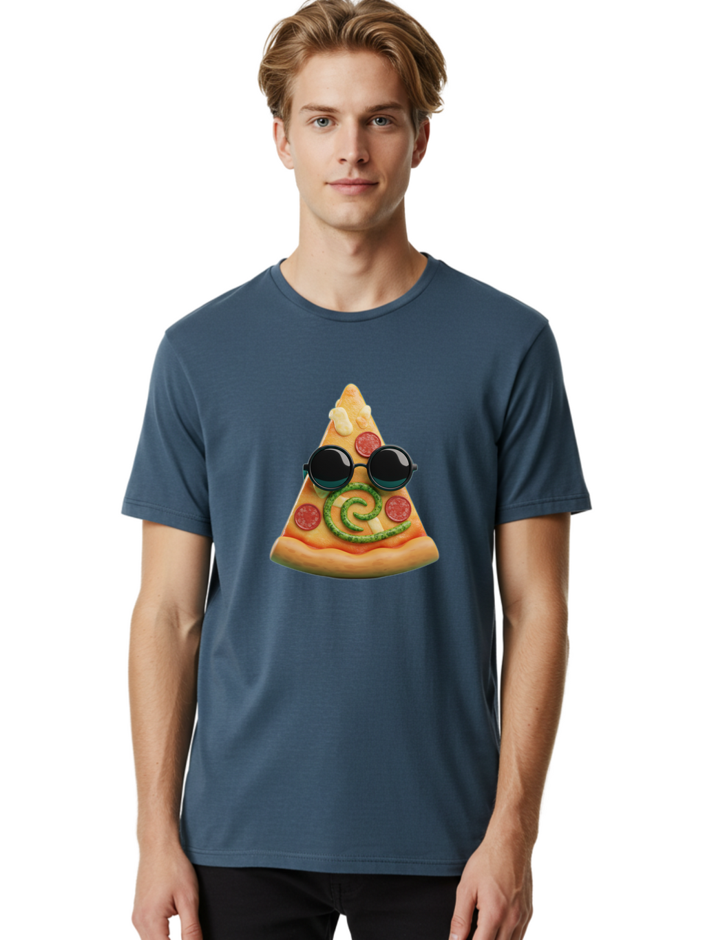Pizza-Slice-With-Sunglasses-3 Men'S Graphic Tee, 100% Cotton, Comfortable Casual Summer Wear, Machine Washable, Funny Pizza, Cool Pizza Slice, Pepperoni Pizza, Melted Cheese, Pesto Swirl, Cute Food, Hipster Food, Casual Dining, Pizza Love, Bac314