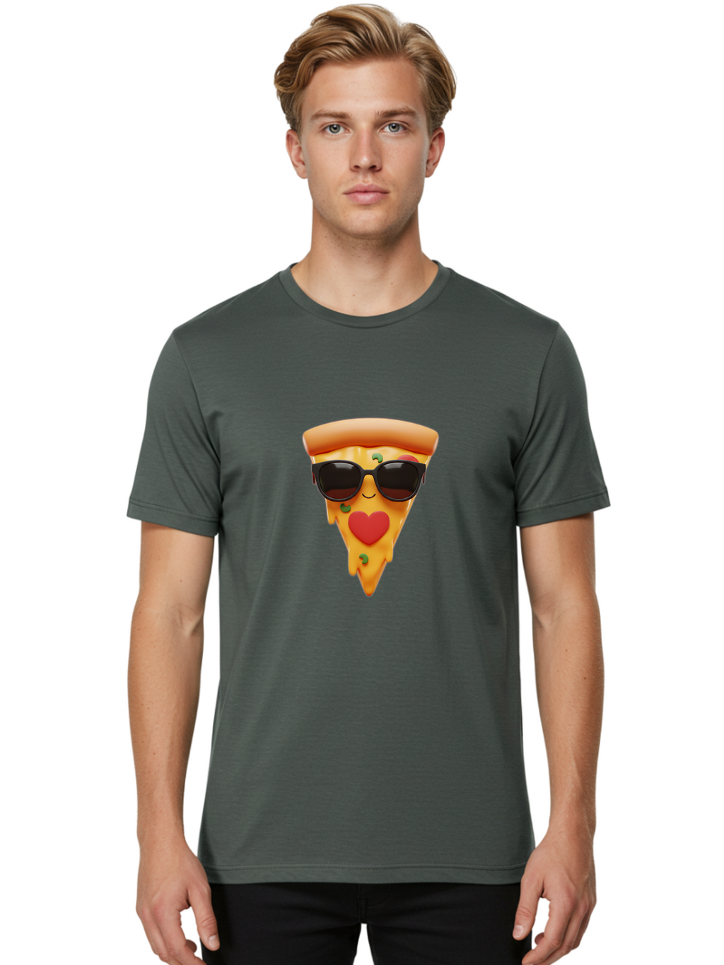Pizza-Slice-With-Sunglasses Men'S Graphic Tee, 100% Cotton, Comfortable Casual Summer Wear, Machine Washable, Cool Pizza Slice, Sunglasses, Heart-Shaped Mouth, Cartoon Character, Cheesy Goodness, Foodie Fun, Playful Vibe, Tasty Treat, Bac315