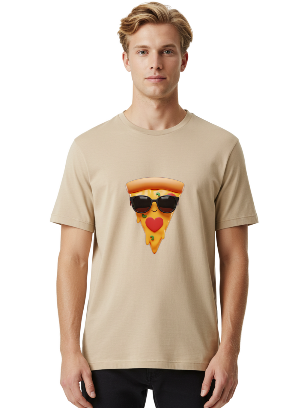 Pizza-Slice-With-Sunglasses Men'S Graphic Tee, 100% Cotton, Comfortable Casual Summer Wear, Machine Washable, Cool Pizza Slice, Sunglasses, Heart-Shaped Mouth, Cartoon Character, Cheesy Goodness, Foodie Fun, Playful Vibe, Tasty Treat, Bac315