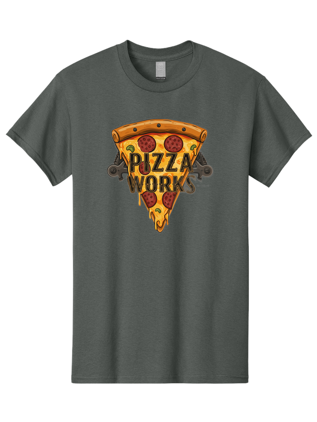 Pizza-Works Men'S Graphic Tee, 100% Cotton, Comfortable Casual Summer Wear, Machine Washable, Steaming Hot Pizza, Melted Cheese, Savory Pepperoni, Green Olives, Industrial Gears, Food Branding, Restaurant Logo, Cartoon Illustration, Bac319