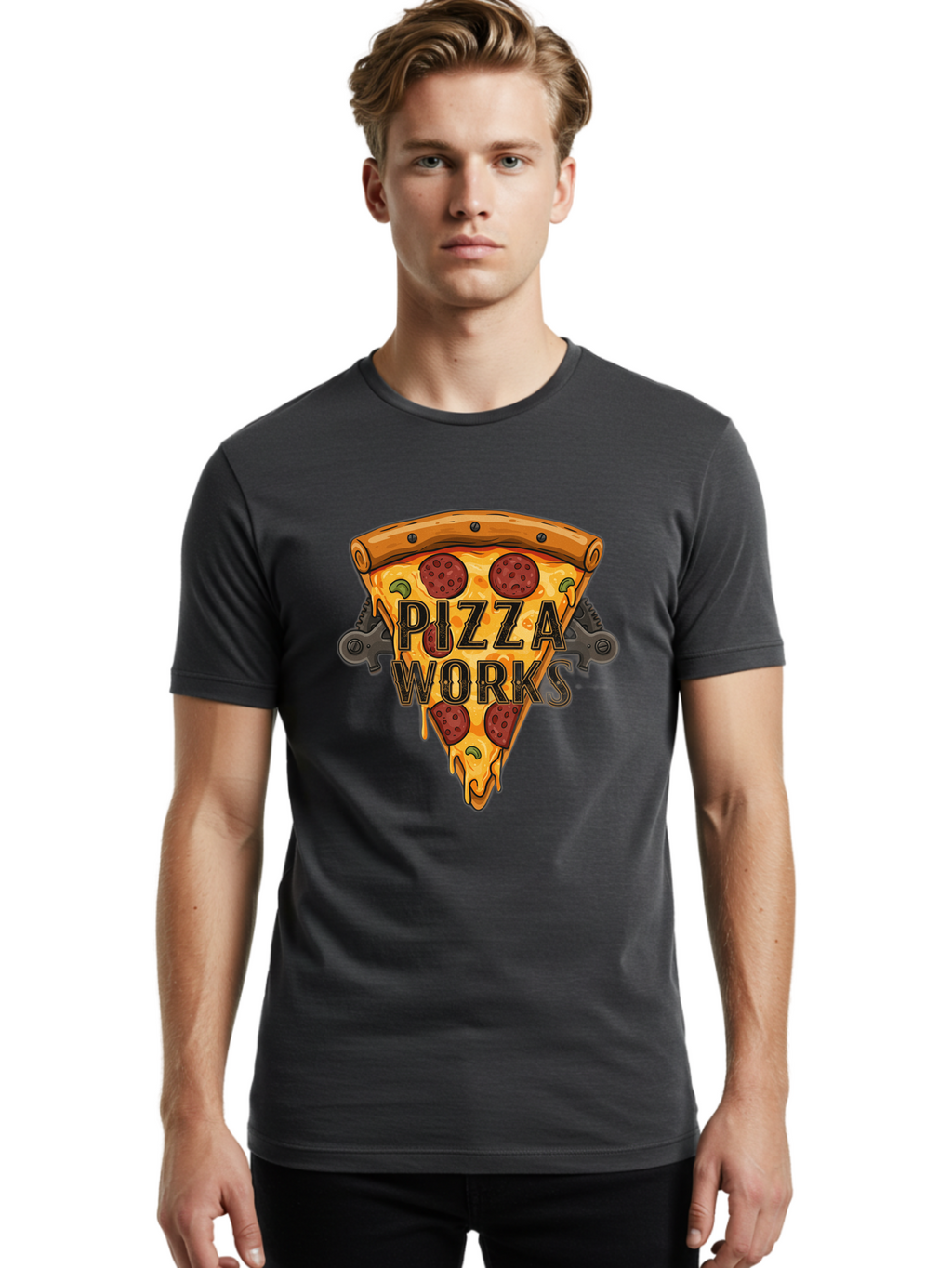 Pizza-Works Men'S Graphic Tee, 100% Cotton, Comfortable Casual Summer Wear, Machine Washable, Steaming Hot Pizza, Melted Cheese, Savory Pepperoni, Green Olives, Industrial Gears, Food Branding, Restaurant Logo, Cartoon Illustration, Bac319