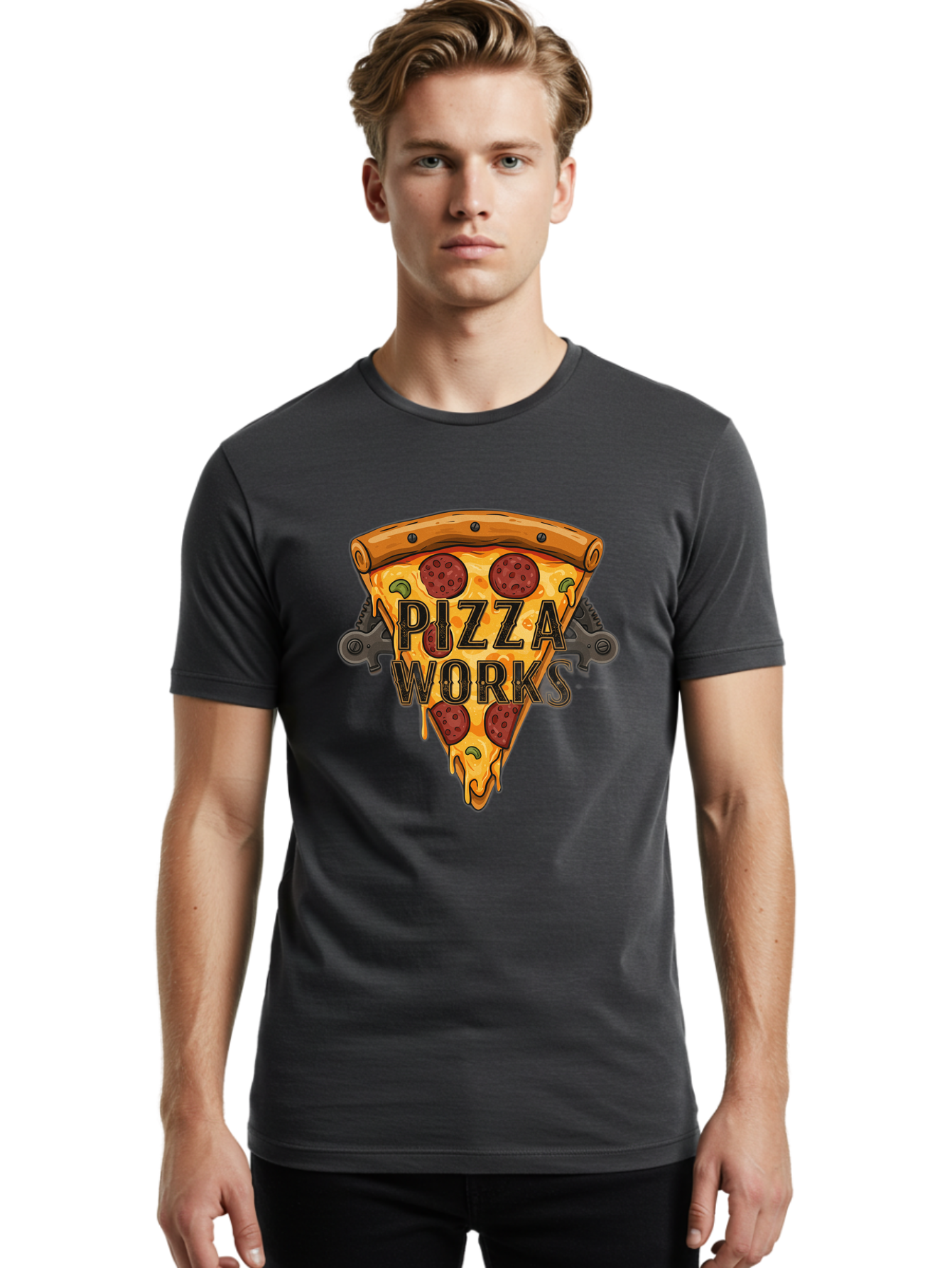 Pizza-Works Men'S Graphic Tee, 100% Cotton, Comfortable Casual Summer Wear, Machine Washable, Steaming Hot Pizza, Melted Cheese, Savory Pepperoni, Green Olives, Industrial Gears, Food Branding, Restaurant Logo, Cartoon Illustration, Bac319