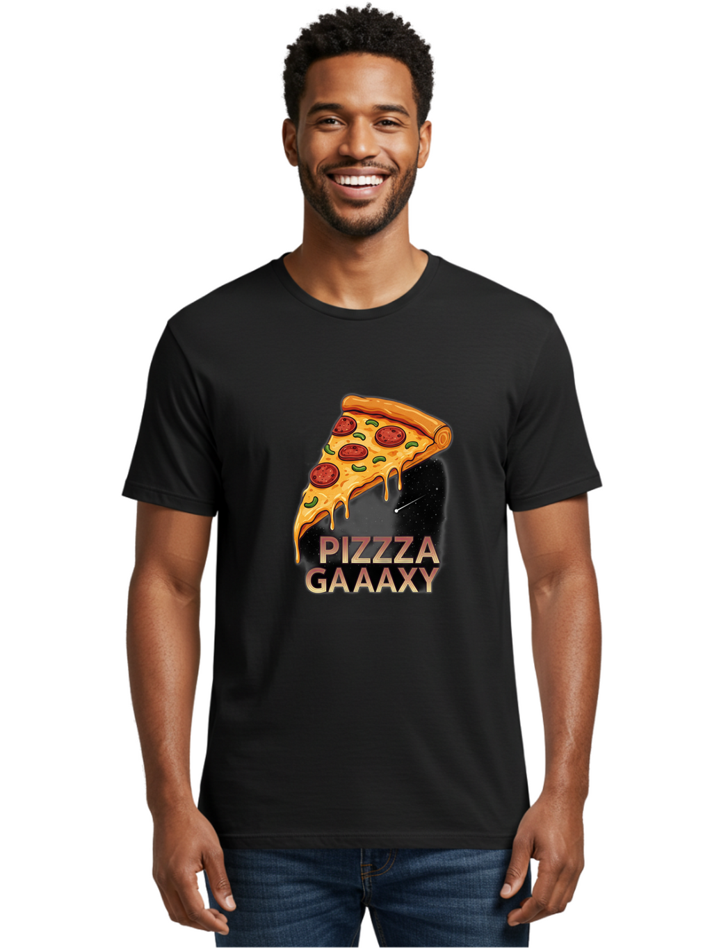 Pizzza-Gaaaxy Men'S Graphic Tee, 100% Cotton, Comfortable Casual Summer Wear, Machine Washable, Pizza Slice In Space, Melted Cheese, Pepperoni Toppings, Green Olives, Outer Space, Galaxy Theme, Cartoon Illustration, Cheese Dripping, Food Art, Bac321