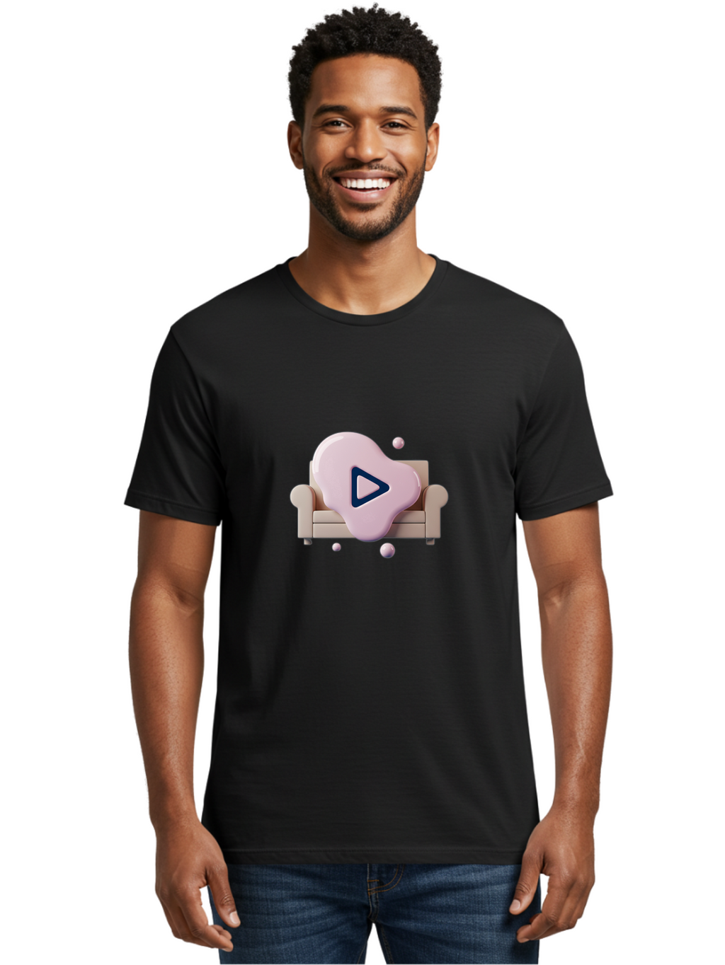 Play-Button-1 Men'S Graphic Tee, 100% Cotton, Comfortable Casual Summer Wear, Machine Washable, Play Button Icon, 3D Rendering, White Couch, Floating Spheres, Modern Design, Digital Media, Interactive Elements, Play Symbol, User Interface Bac323
