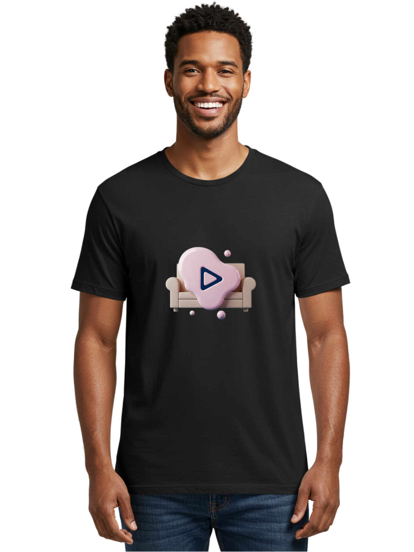 Play-Button-1 Men'S Graphic Tee, 100% Cotton, Comfortable Casual Summer Wear, Machine Washable, Play Button Icon, 3D Rendering, White Couch, Floating Spheres, Modern Design, Digital Media, Interactive Elements, Play Symbol, User Interface Bac323