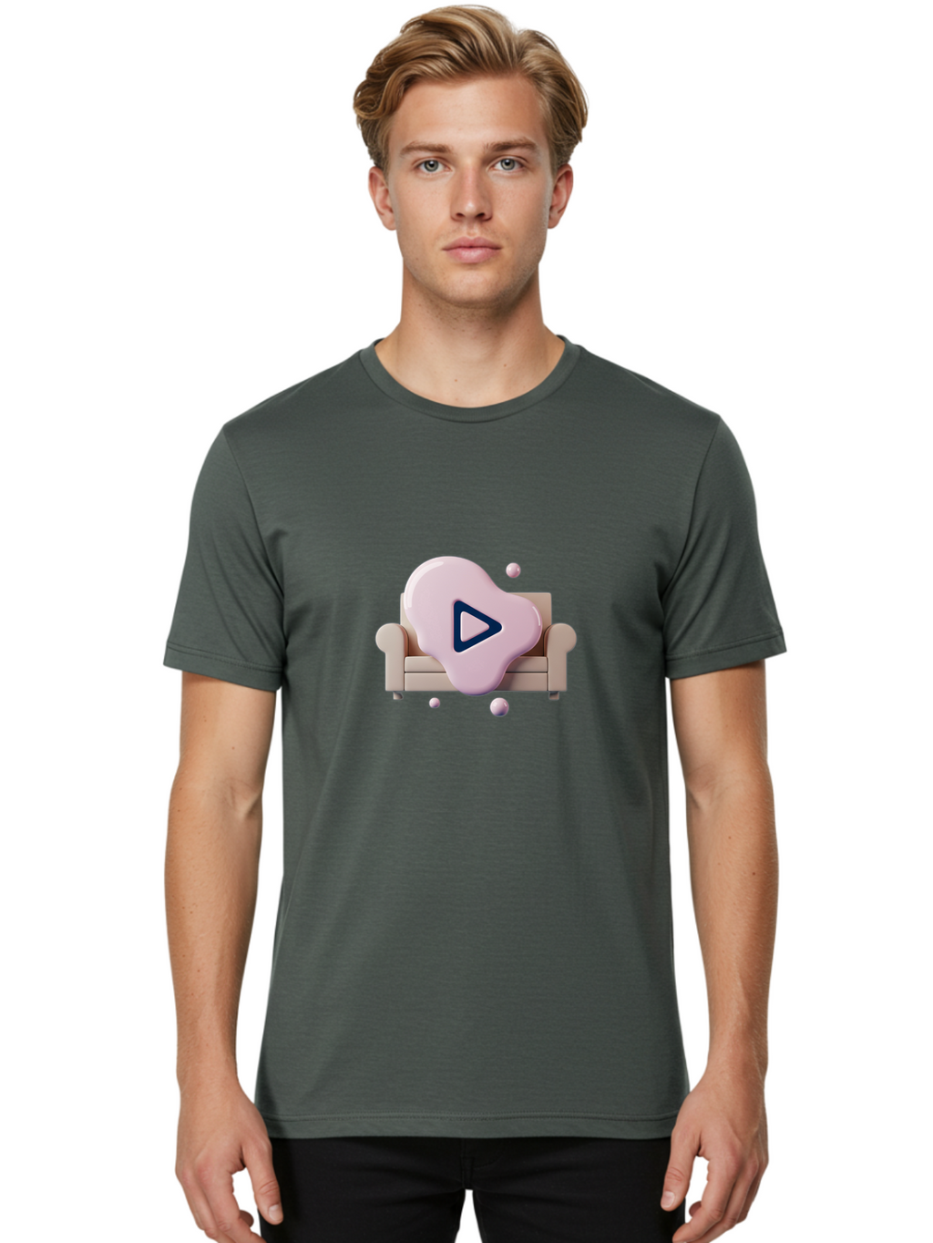 Play-Button-1 Men'S Graphic Tee, 100% Cotton, Comfortable Casual Summer Wear, Machine Washable, Play Button Icon, 3D Rendering, White Couch, Floating Spheres, Modern Design, Digital Media, Interactive Elements, Play Symbol, User Interface Bac323