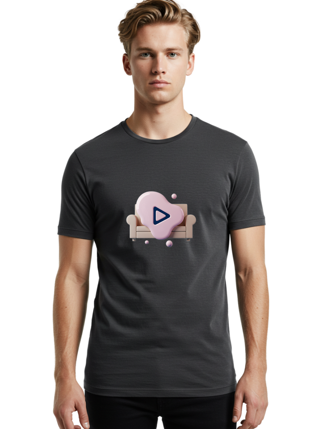 Play-Button-1 Men'S Graphic Tee, 100% Cotton, Comfortable Casual Summer Wear, Machine Washable, Play Button Icon, 3D Rendering, White Couch, Floating Spheres, Modern Design, Digital Media, Interactive Elements, Play Symbol, User Interface Bac323