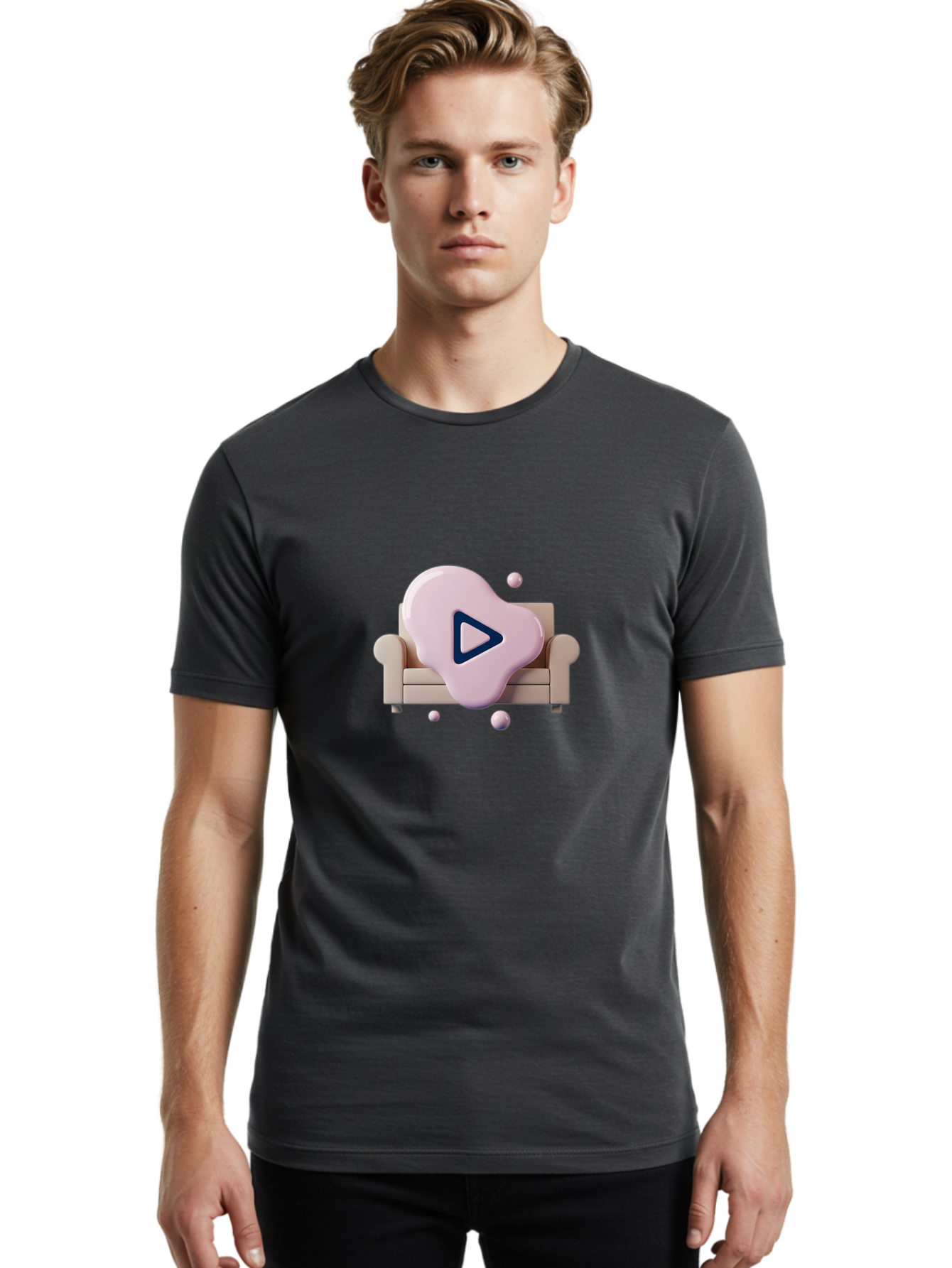 Play-Button-1 Men'S Graphic Tee, 100% Cotton, Comfortable Casual Summer Wear, Machine Washable, Play Button Icon, 3D Rendering, White Couch, Floating Spheres, Modern Design, Digital Media, Interactive Elements, Play Symbol, User Interface Bac323